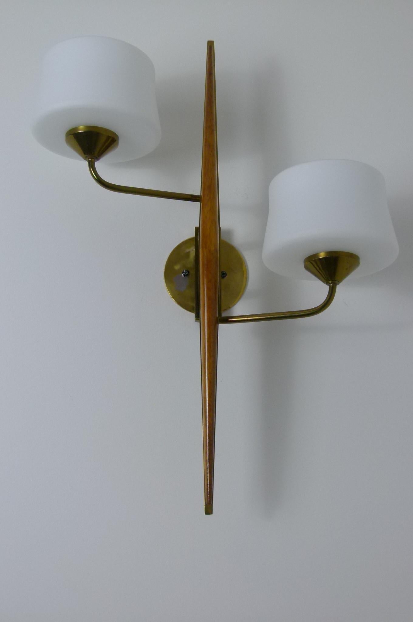 French Pair of 1950s Double Sconces in Opalin Glass by Maison Lunel