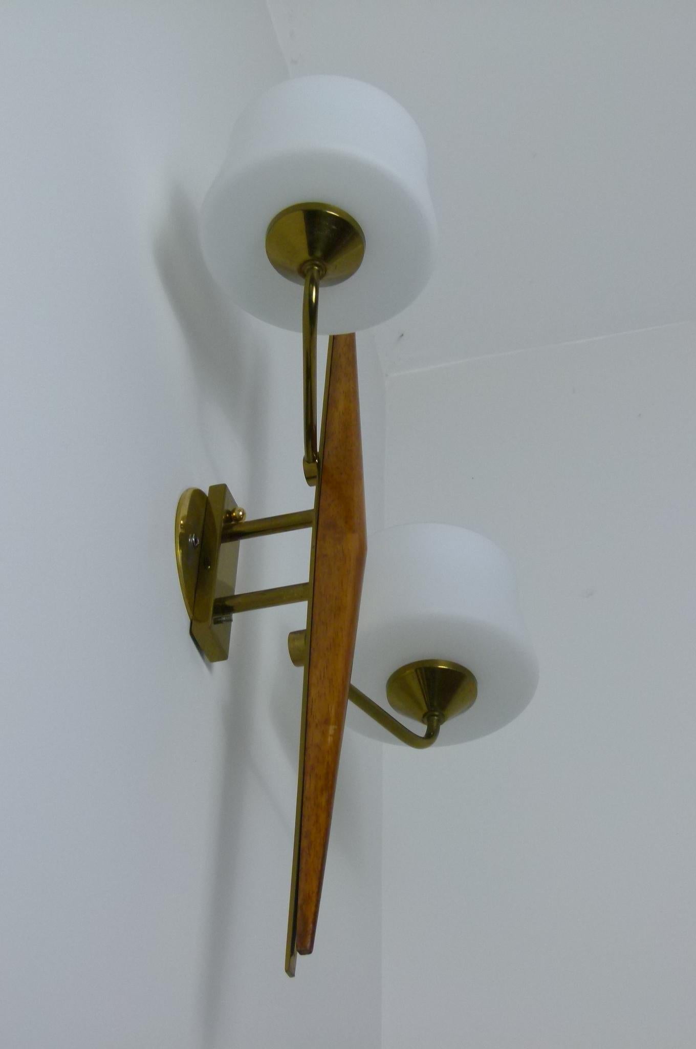 Pair of 1950s Double Sconces in Opalin Glass by Maison Lunel In Excellent Condition In Saint-Ouen, FR
