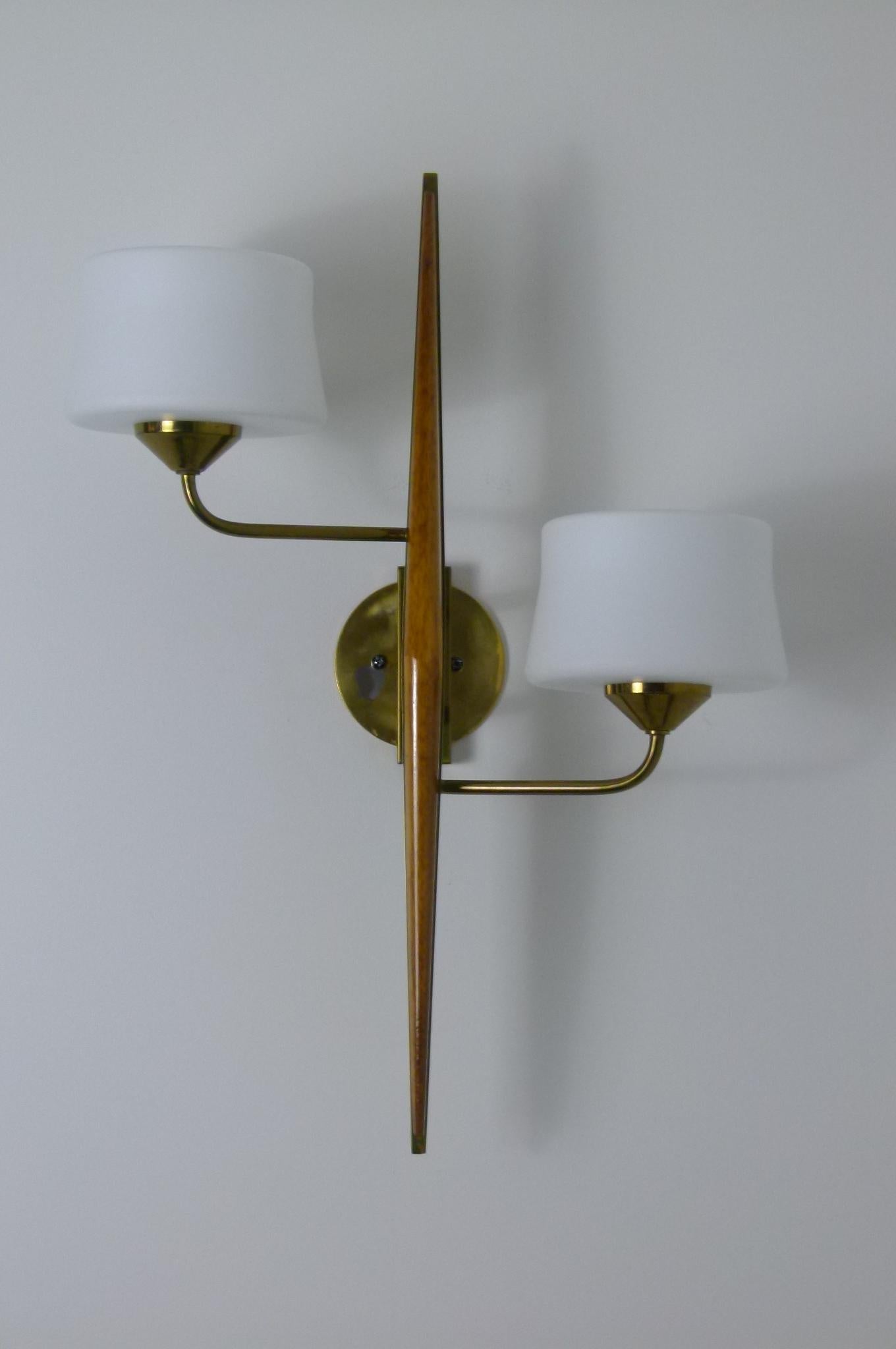 20th Century Pair of 1950s Double Sconces in Opalin Glass by Maison Lunel