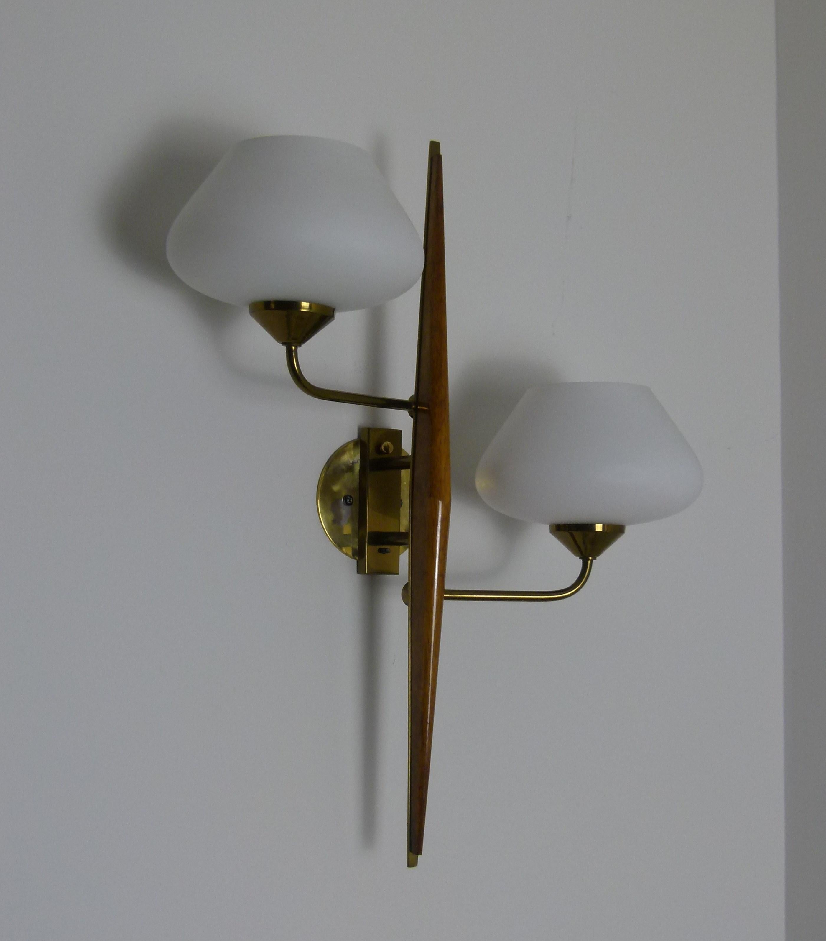 Brass Pair of 1950s Double Sconces in Opalin Glass by Maison Lunel