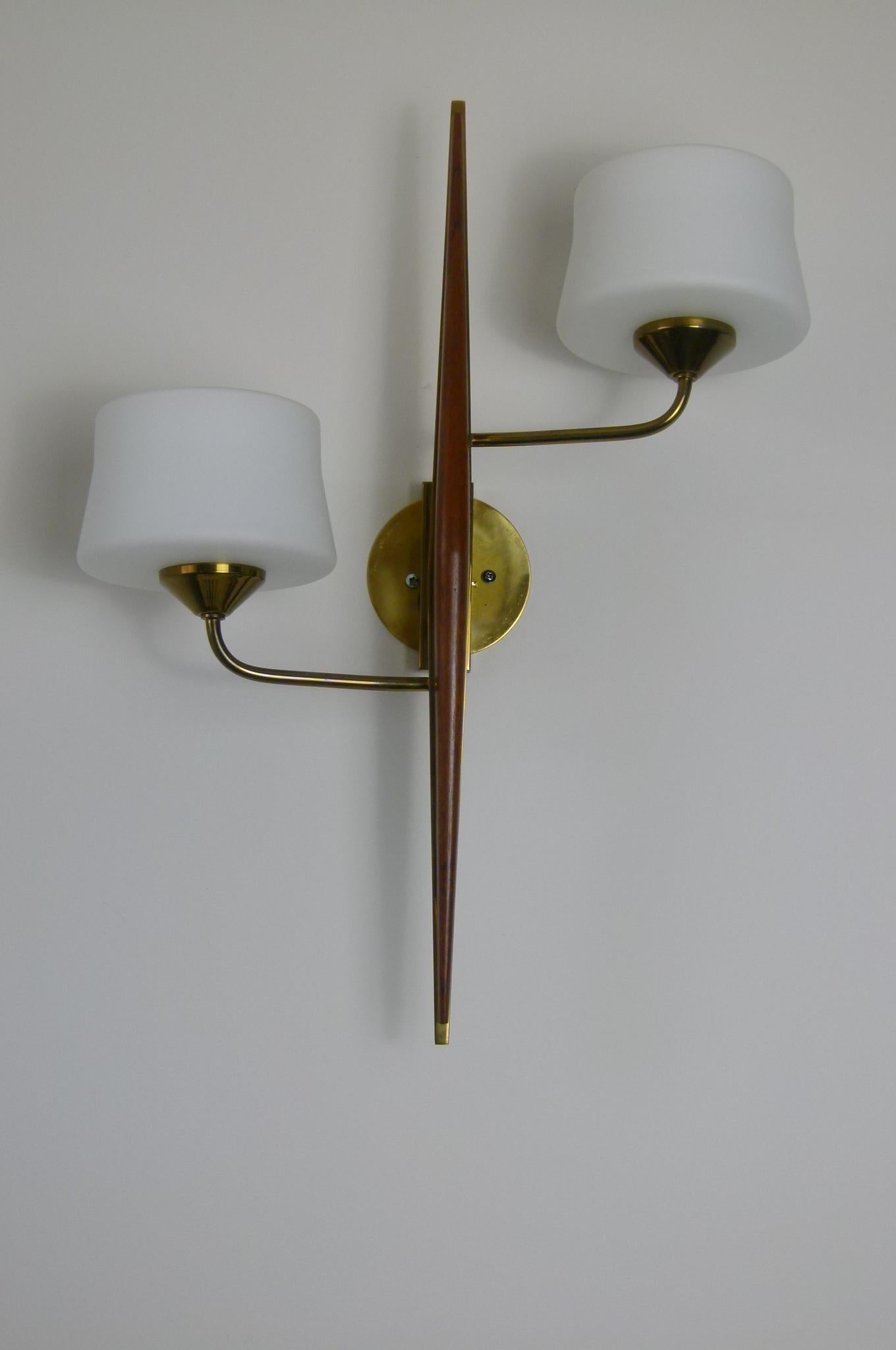 Brass Pair of 1950s Double Sconces in Opalin Glass by Maison Lunel