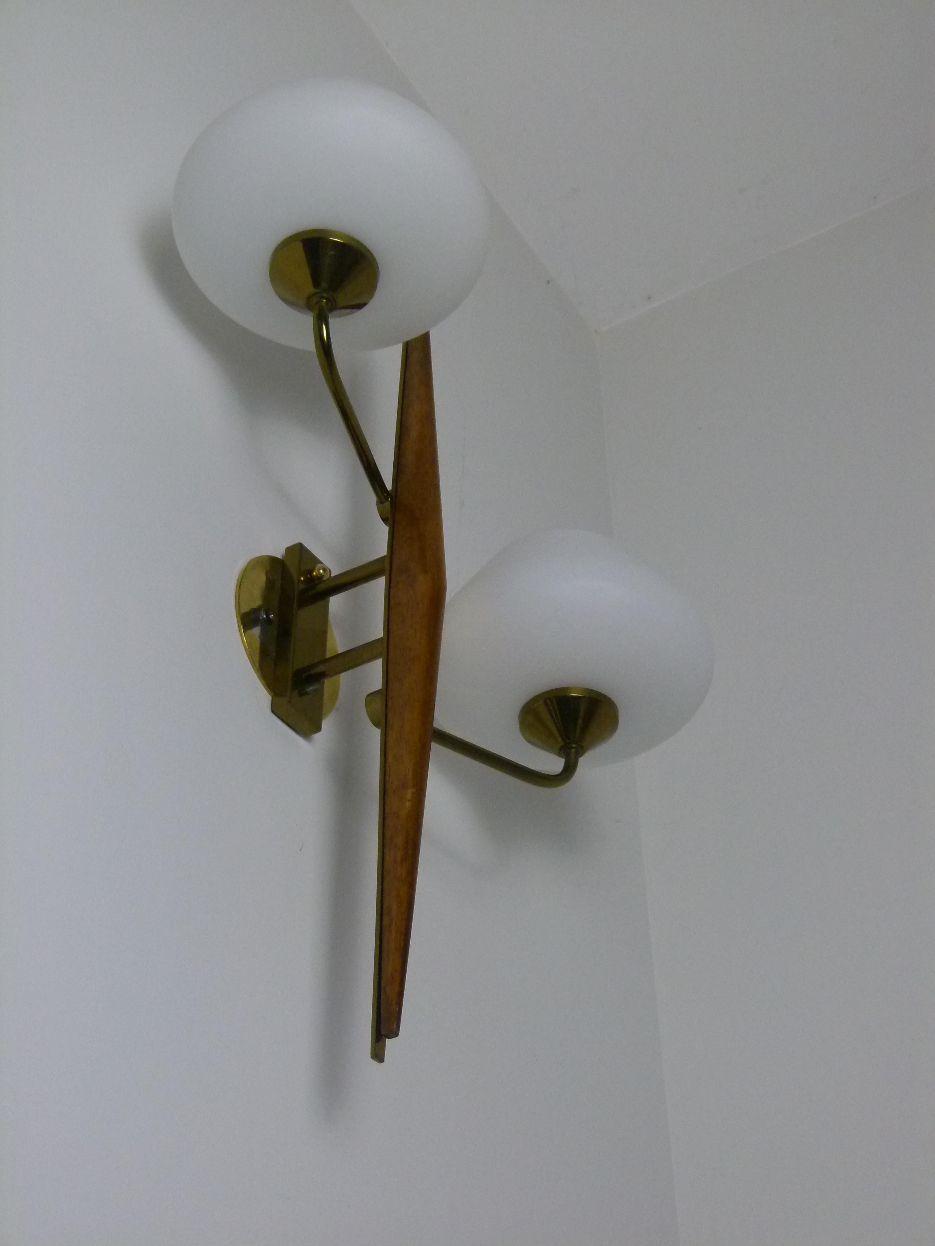 Pair of 1950s Double Sconces in Opalin Glass by Maison Lunel 1