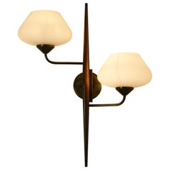Pair of 1950s Double Sconces in Opalin Glass by Maison Lunel