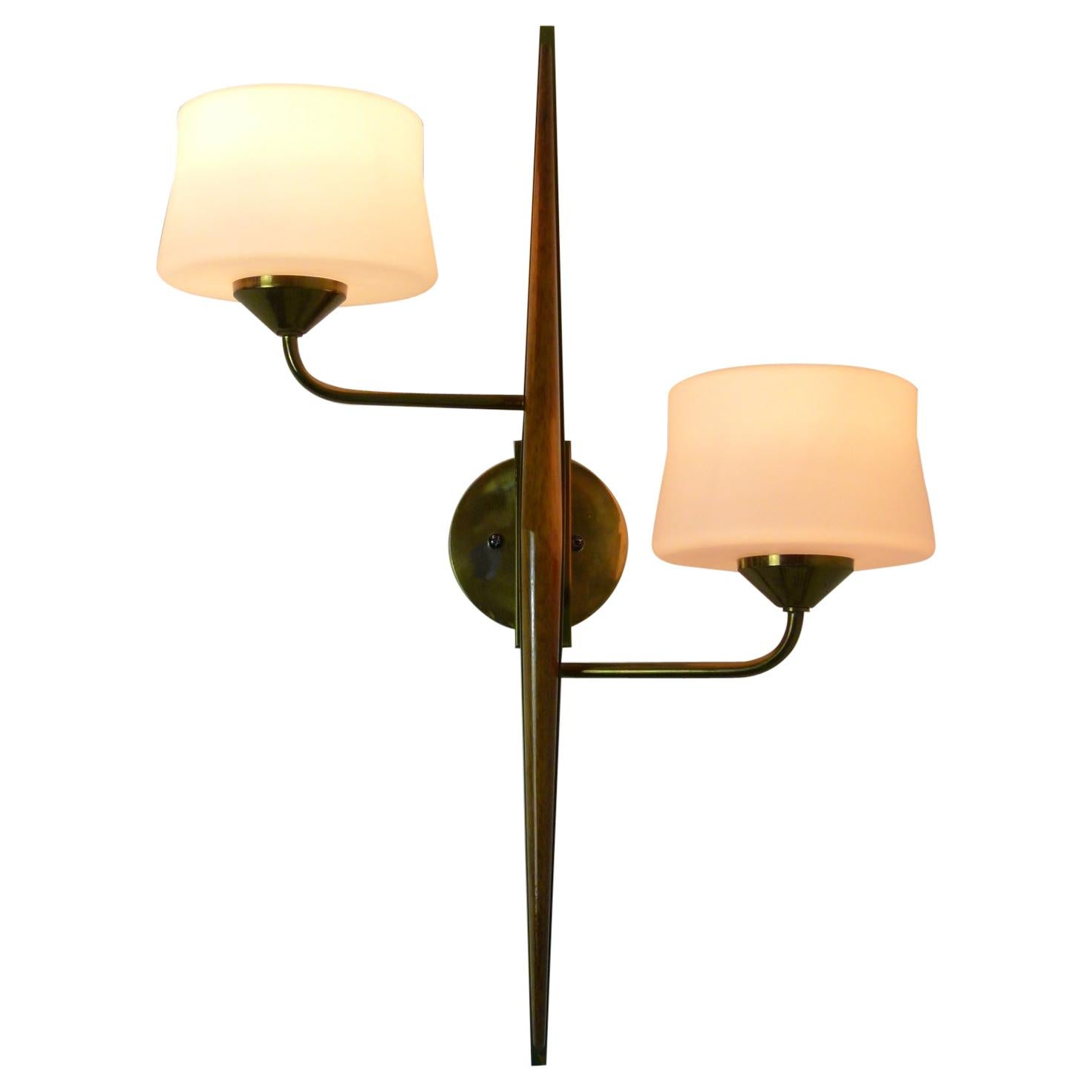 Pair of 1950s Double Sconces in Opalin Glass by Maison Lunel