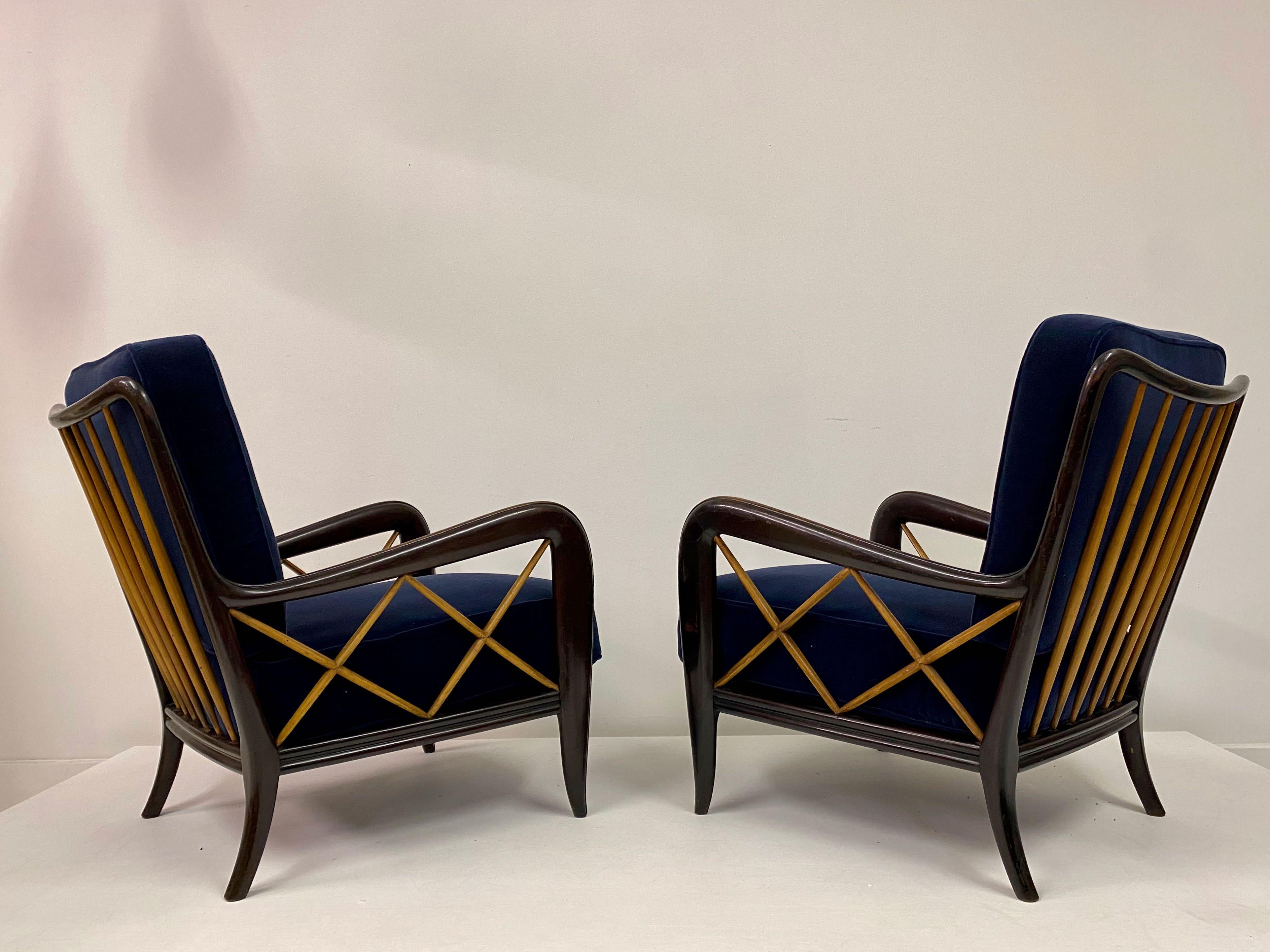 Beech Pair of 1950s Ebonized Italian Armchairs in Blue Mohair Velvet Paolo Buffa Style