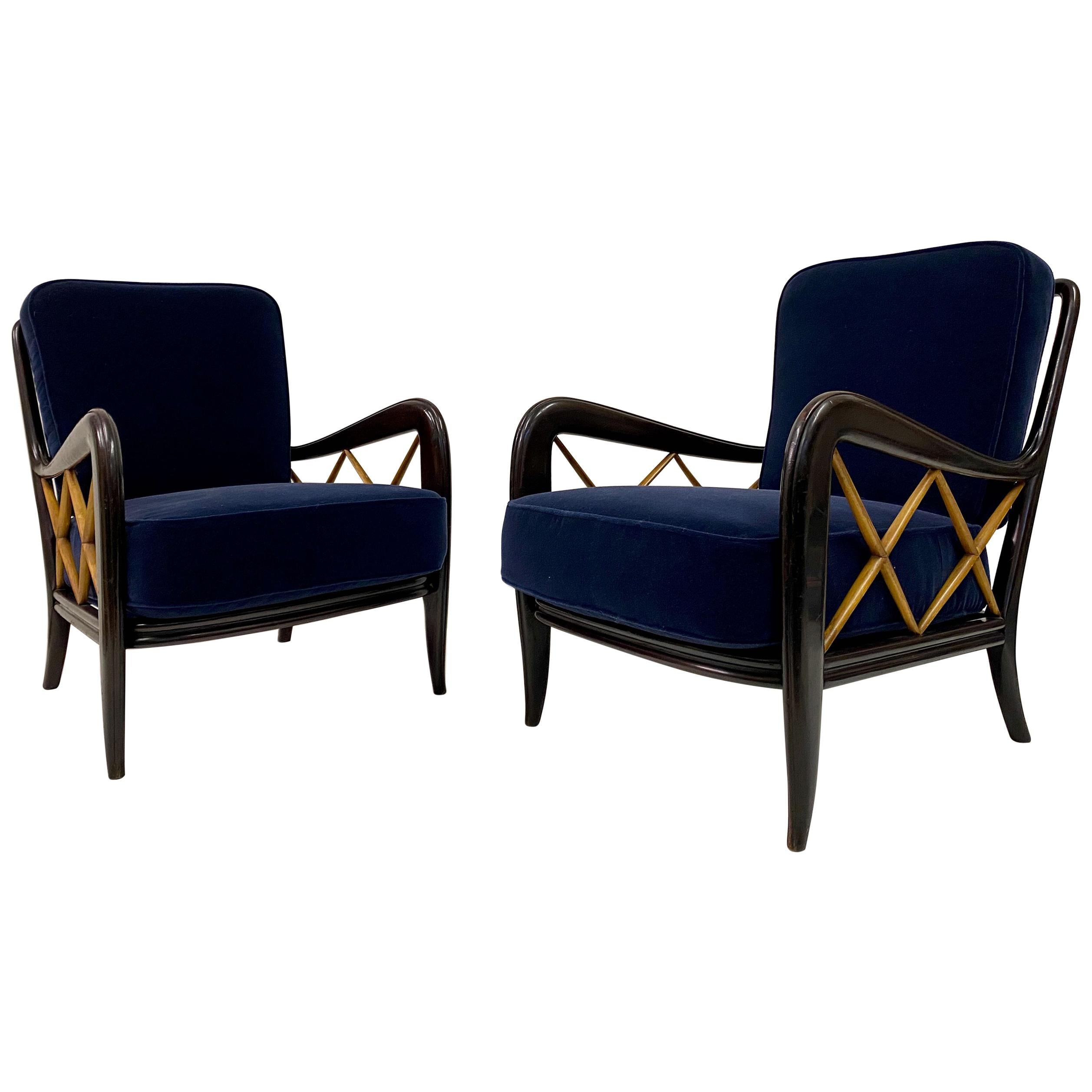 Pair of 1950s Ebonized Italian Armchairs in Blue Mohair Velvet Paolo Buffa Style