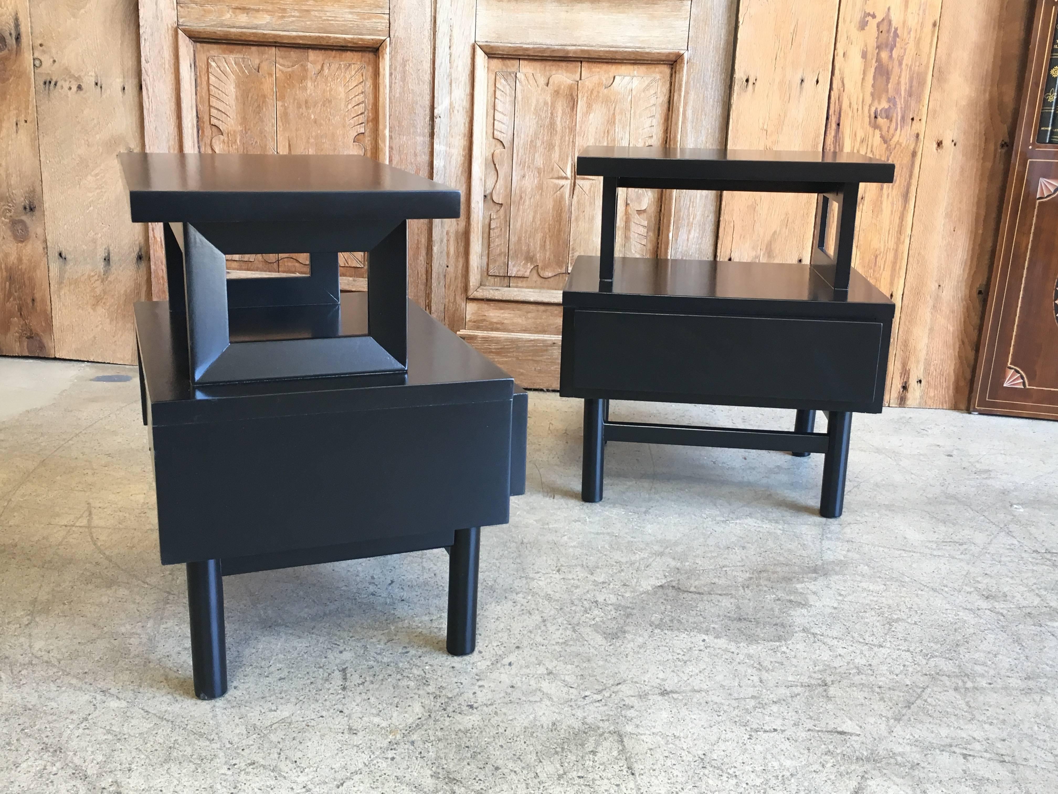 Wood Pair of 1950s Ebonized Nightstands by American of Martinsville