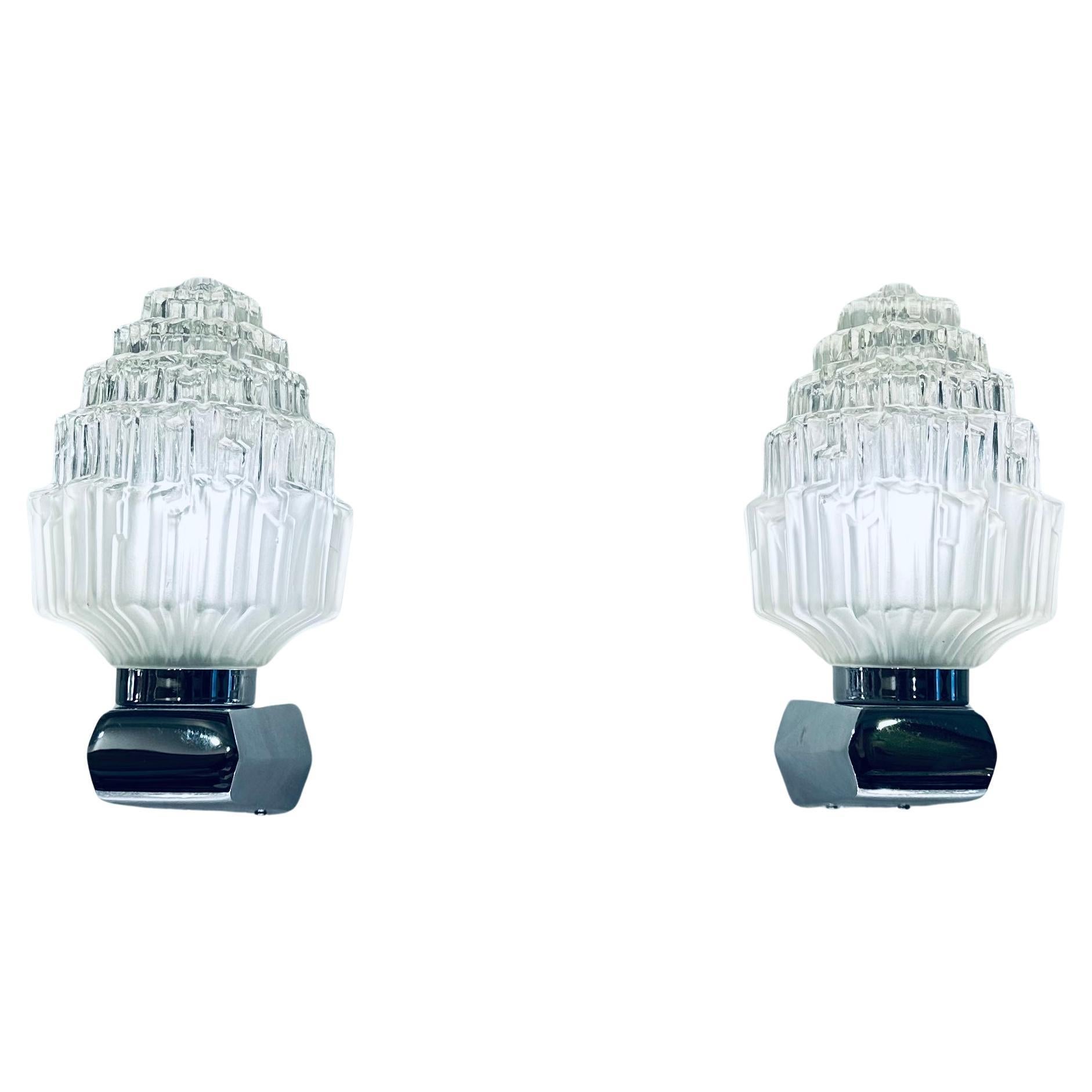 Pair of 1950s EJS Lighting Glass & Polished Chrome Torch Wall Lights or Sconces For Sale