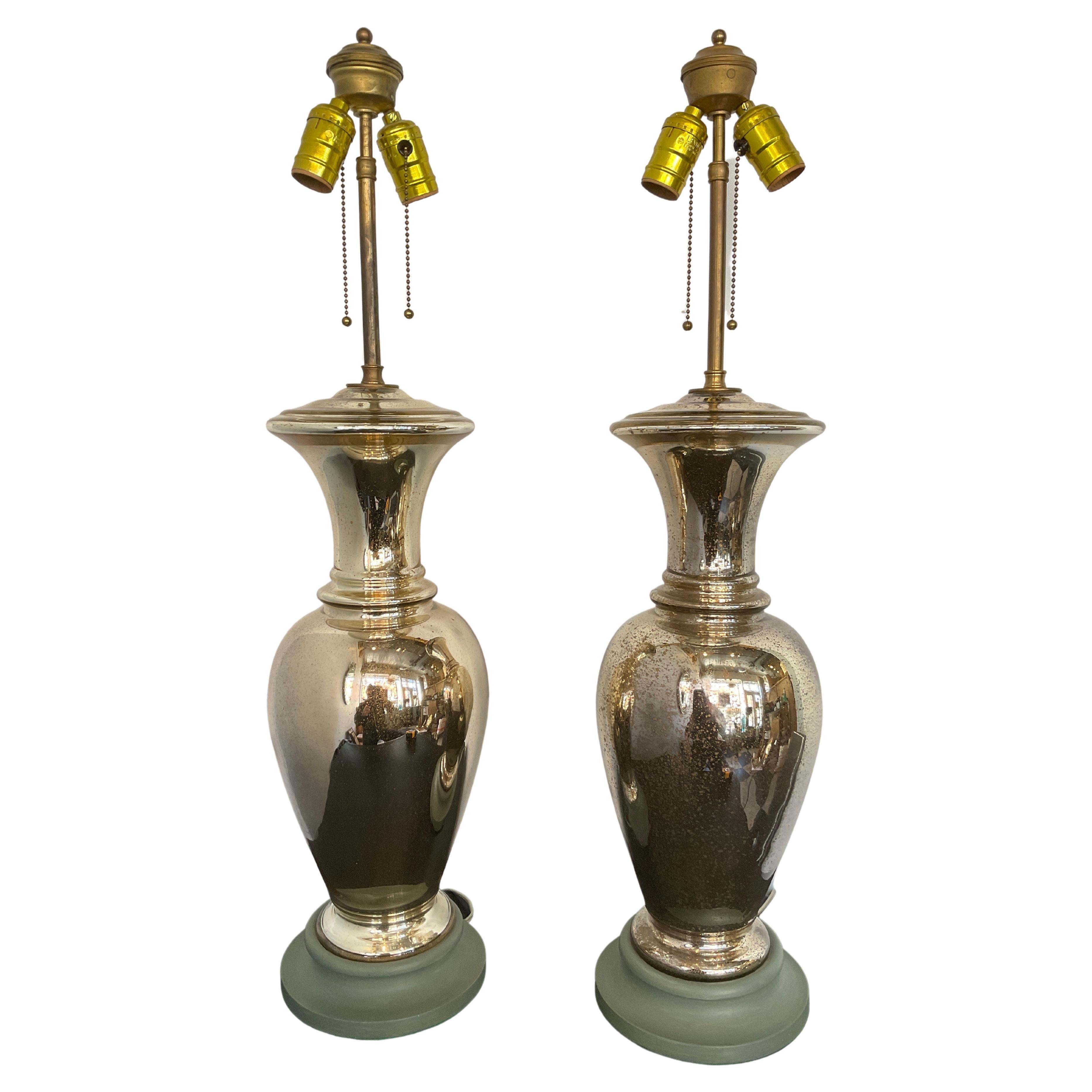 Pair of 1950s Elegant Mercury Glass Lamps on Wood Bases For Sale