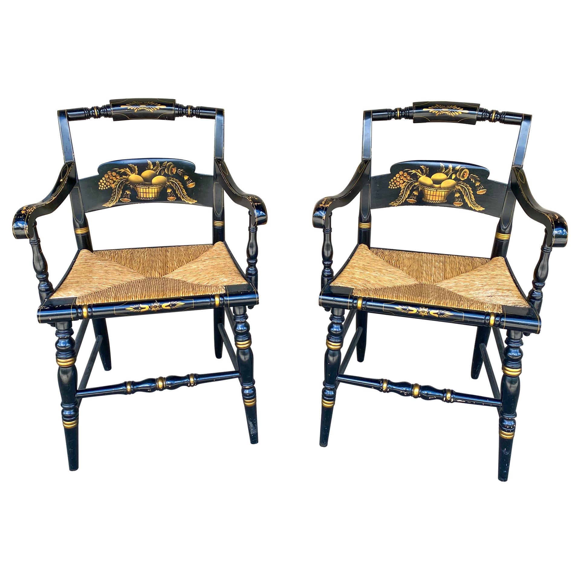 Pair of 1950s English Black and Gold Painted Wood and Rush Seat Armchairs