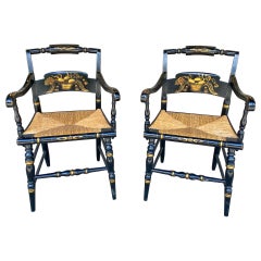 Pair of 1950s English Black and Gold Painted Wood and Rush Seat Armchairs