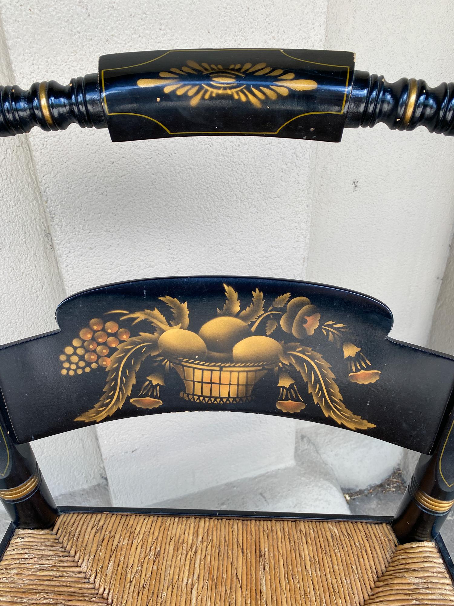 Pair of 1950s English Black and Gold Painted Wood and Rush Seat Armchairs 10