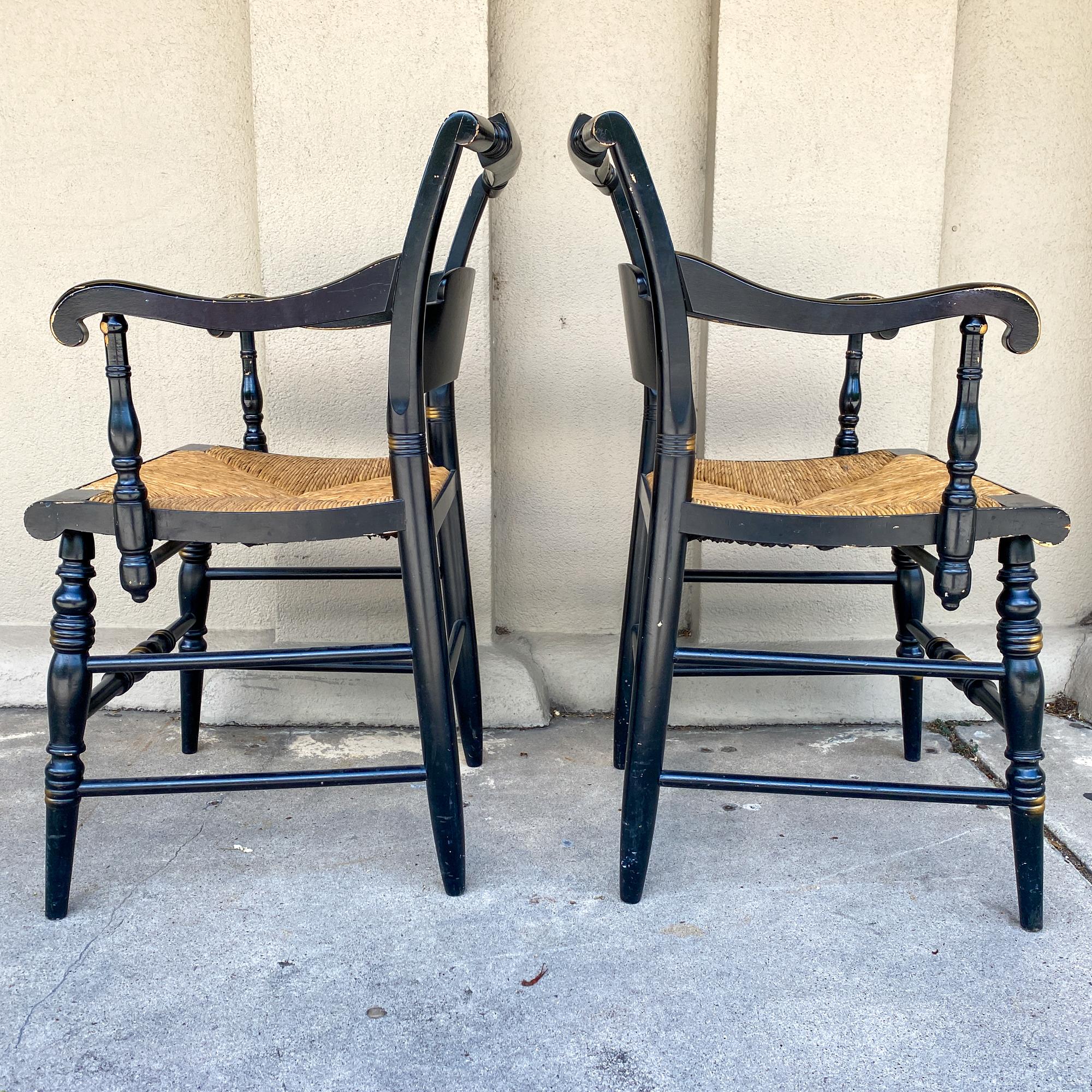 British Pair of 1950s English Black and Gold Painted Wood and Rush Seat Armchairs