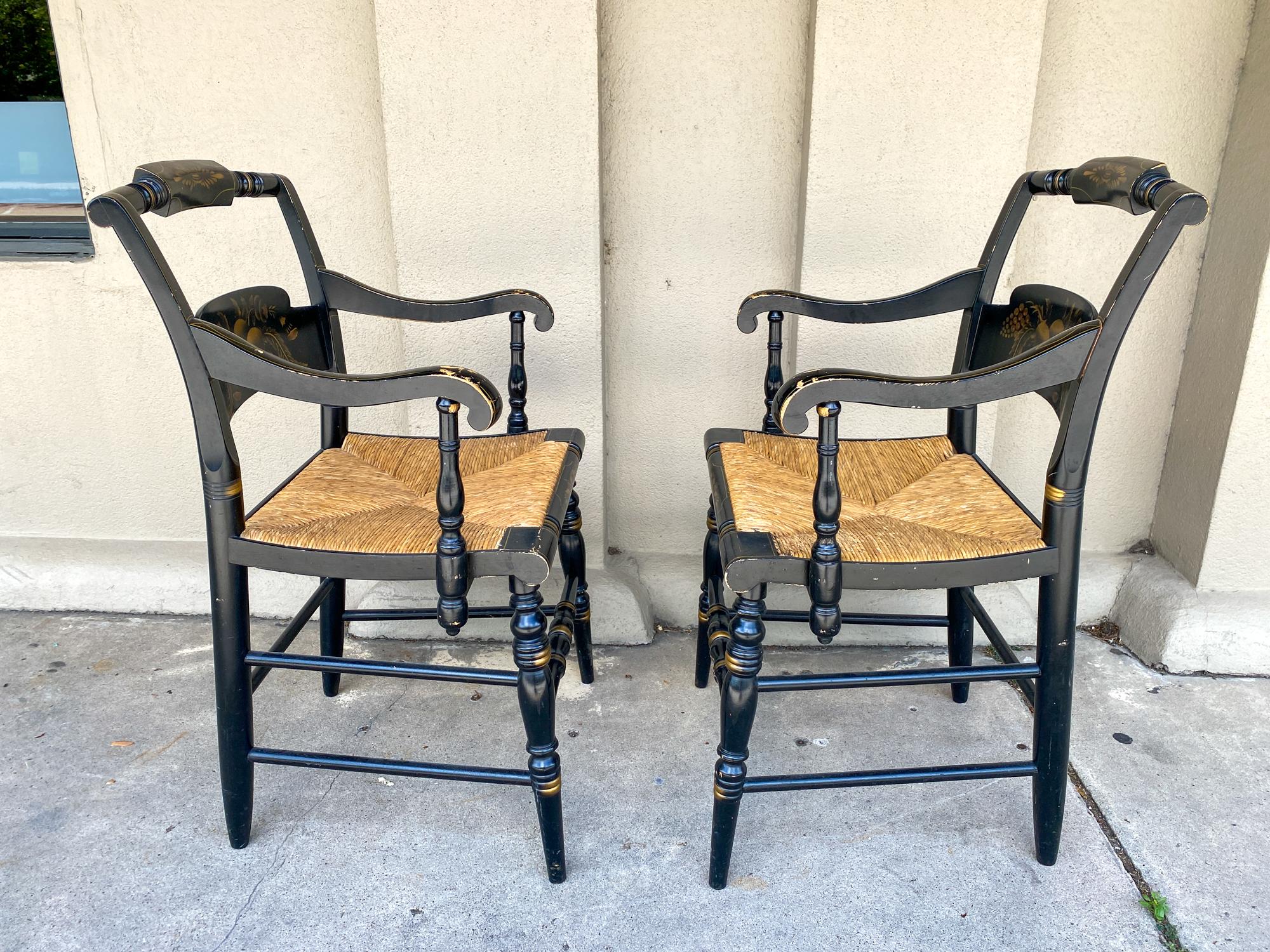 Pair of 1950s English Black and Gold Painted Wood and Rush Seat Armchairs In Good Condition In Houston, TX