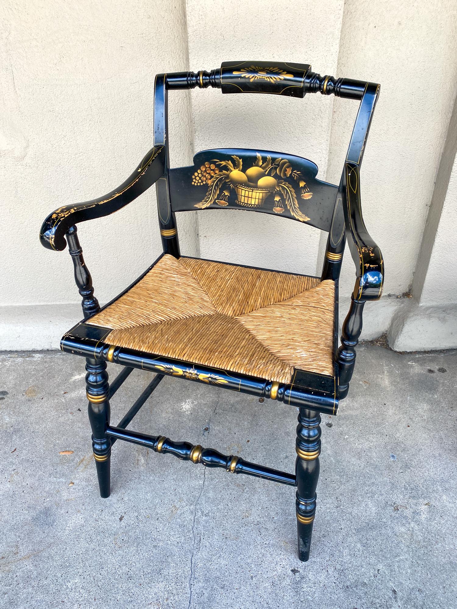 Mid-20th Century Pair of 1950s English Black and Gold Painted Wood and Rush Seat Armchairs