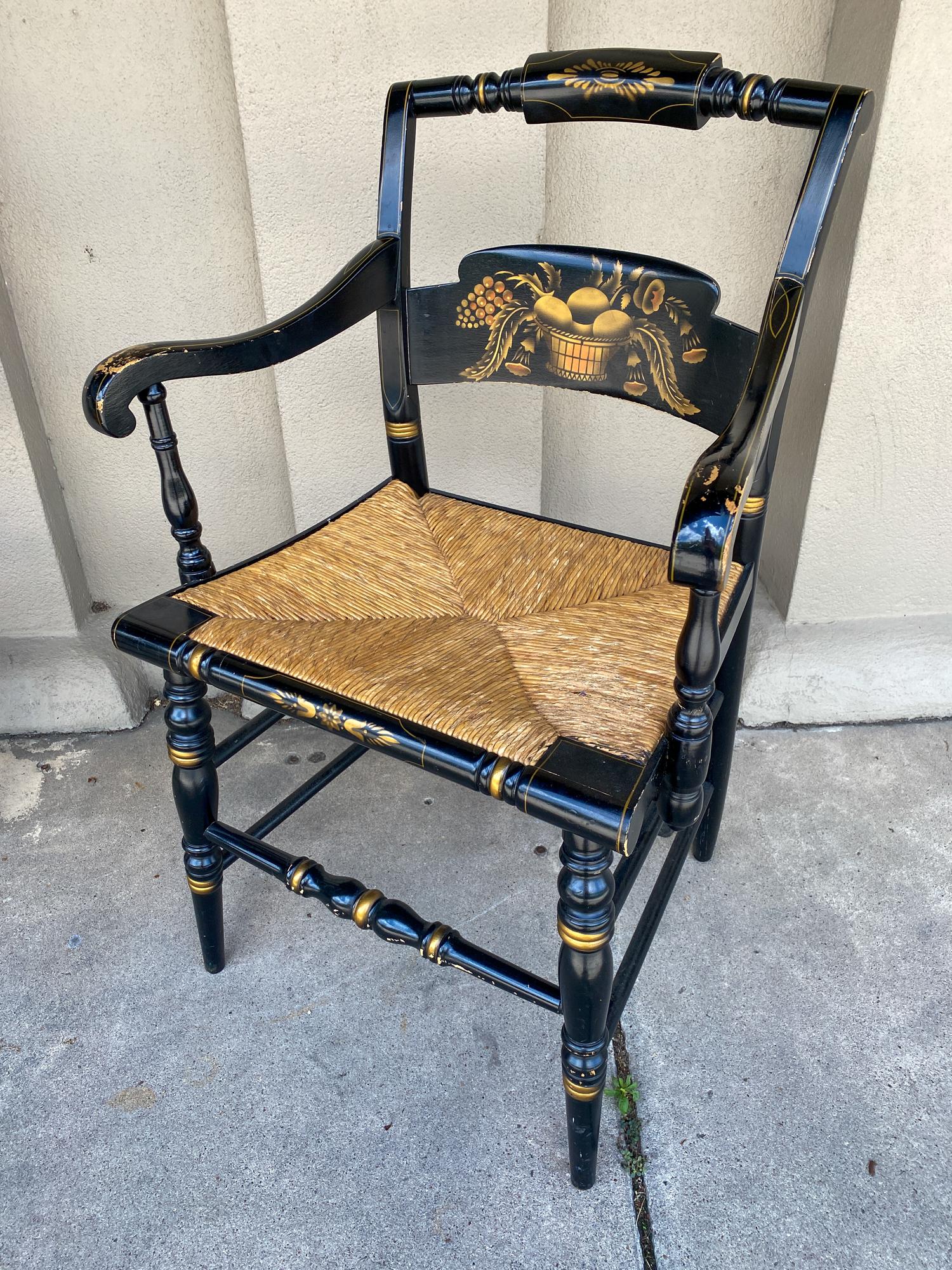 Maple Pair of 1950s English Black and Gold Painted Wood and Rush Seat Armchairs