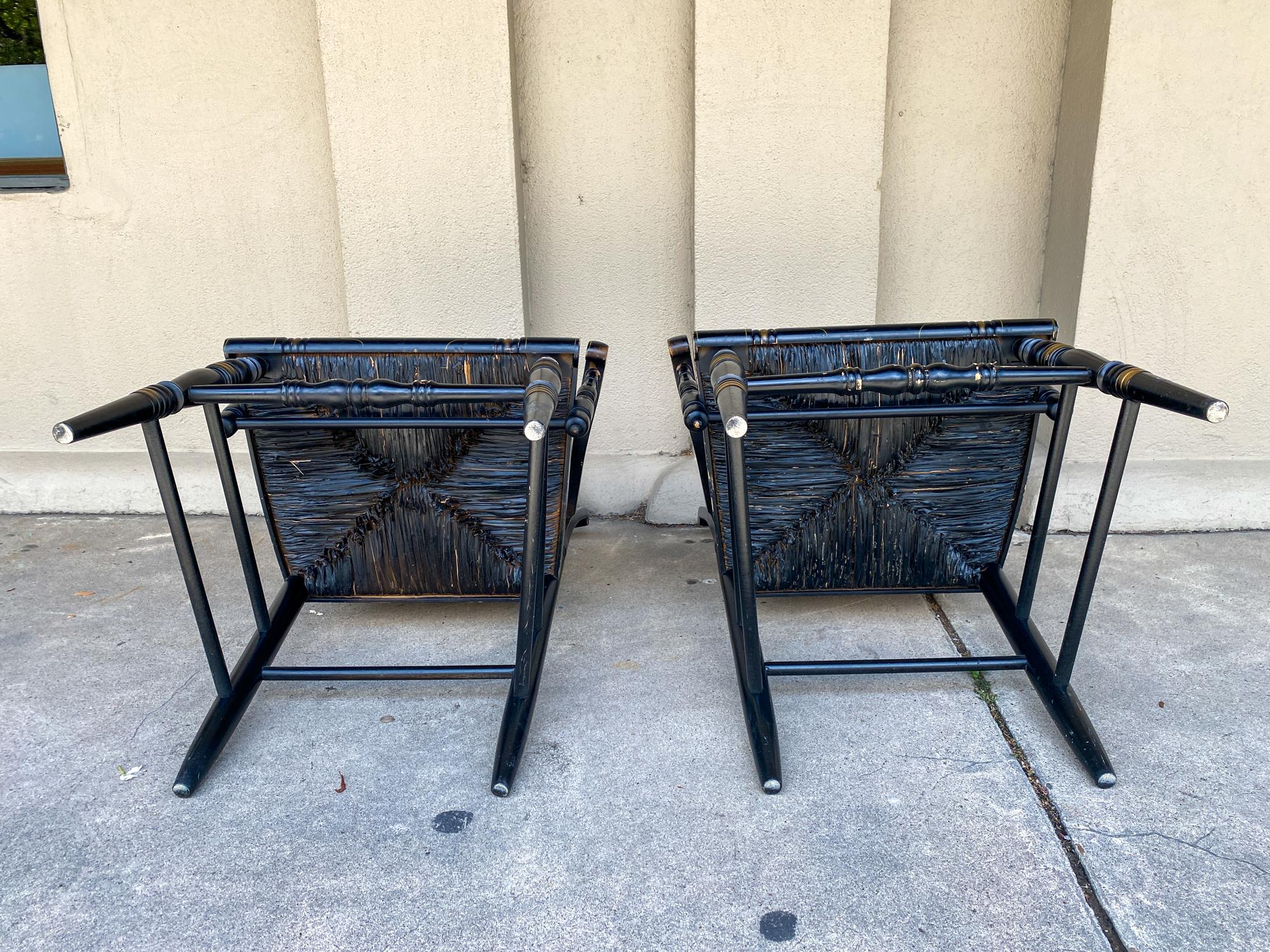 Pair of 1950s English Black and Gold Painted Wood and Rush Seat Armchairs 1