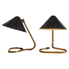 Retro Pair of 1950s Erik Warna 'GK14' Black and Brass Perforated Shade Table Lamps