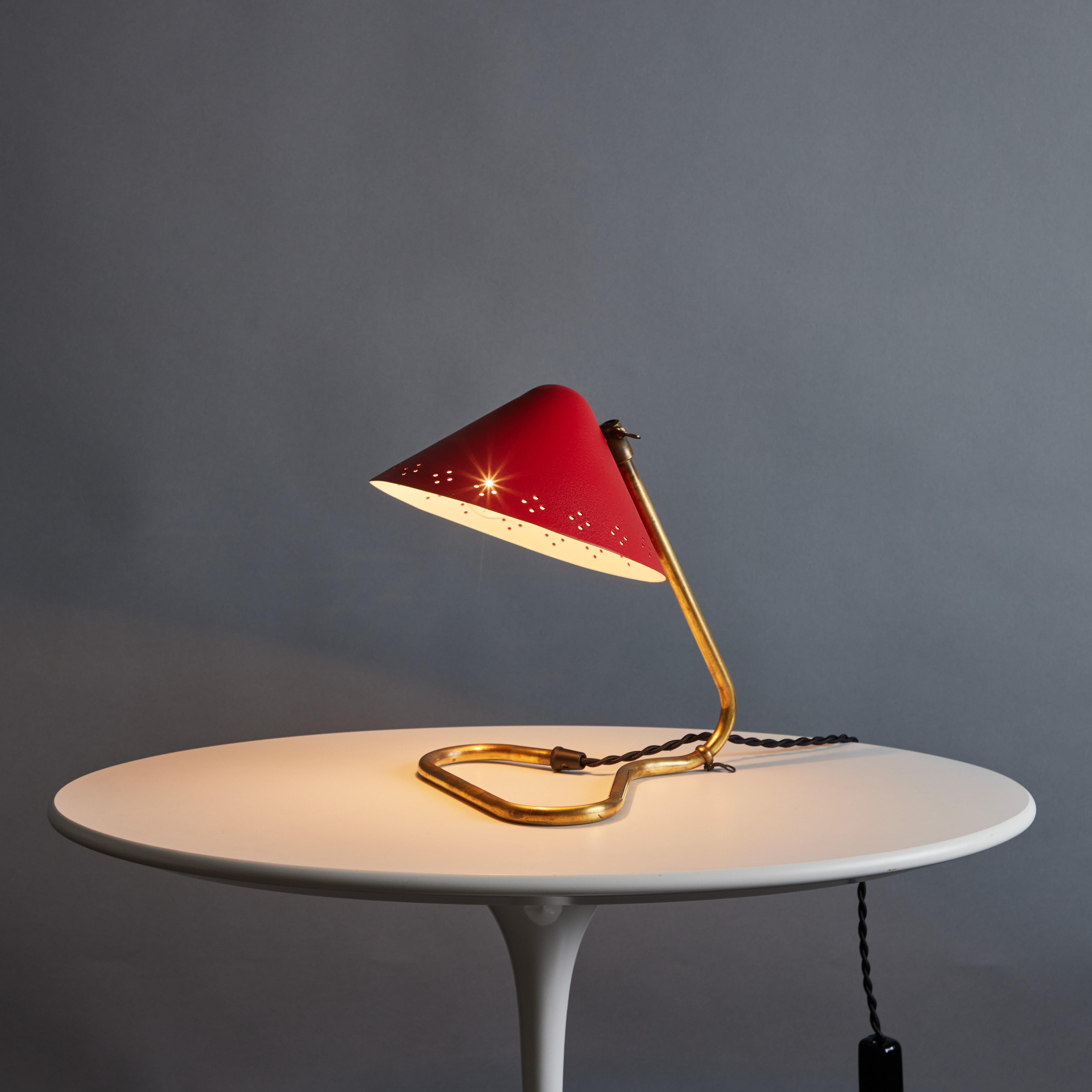 Mid-Century Modern Pair of 1950s Erik Warna 'GK14' Red and Brass Perforated Shade Table Lamps