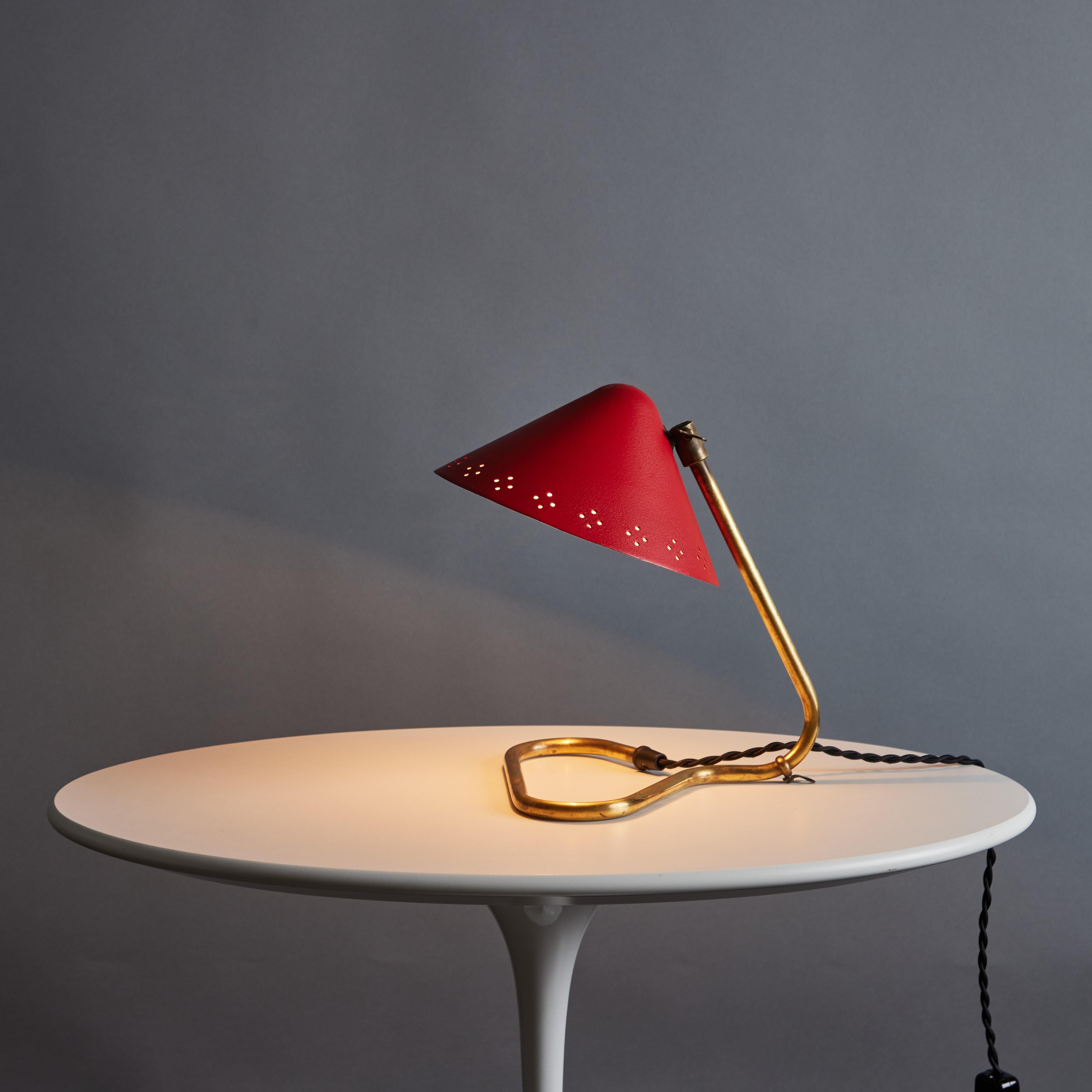 Swedish Pair of 1950s Erik Warna 'GK14' Red and Brass Perforated Shade Table Lamps