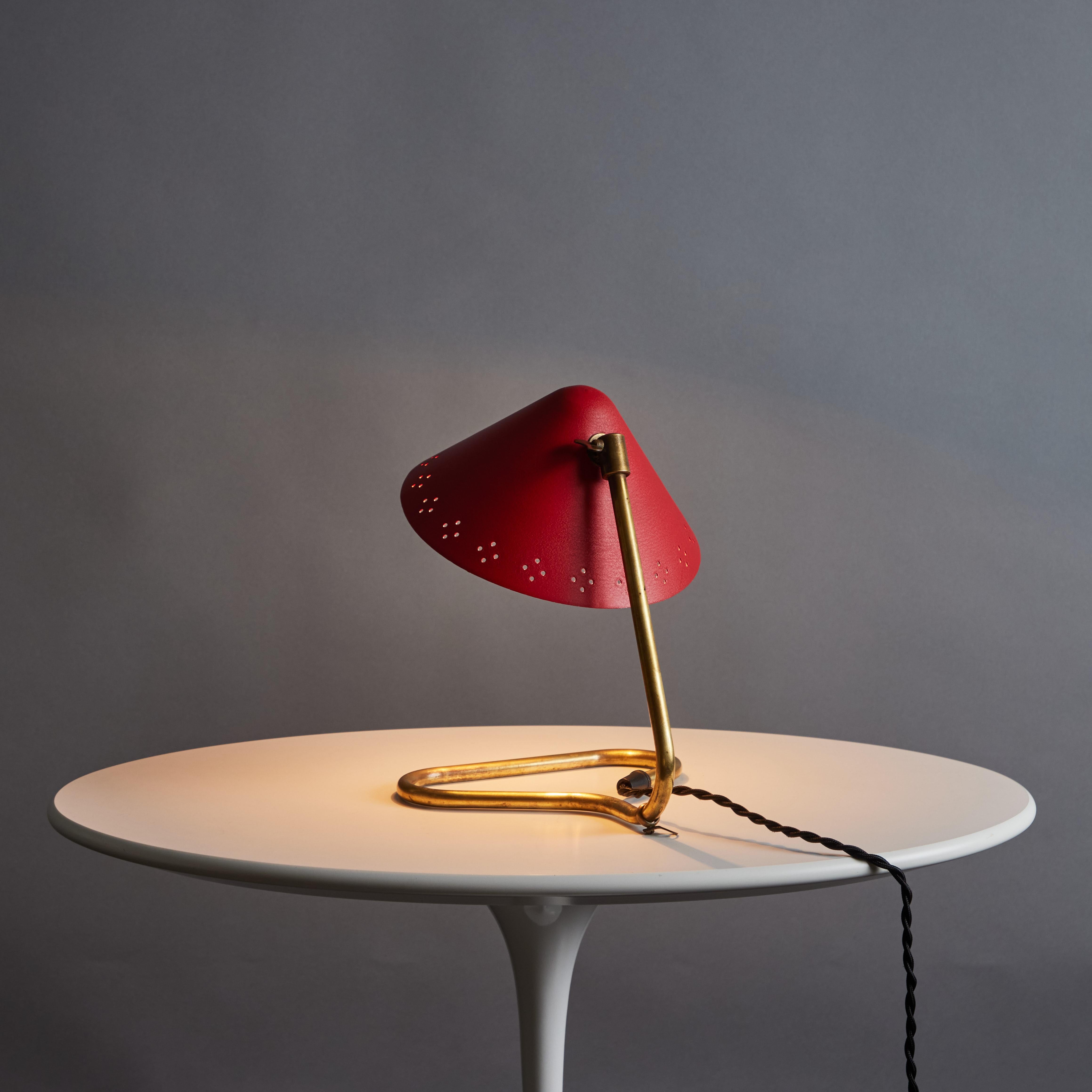 Painted Pair of 1950s Erik Warna 'GK14' Red and Brass Perforated Shade Table Lamps