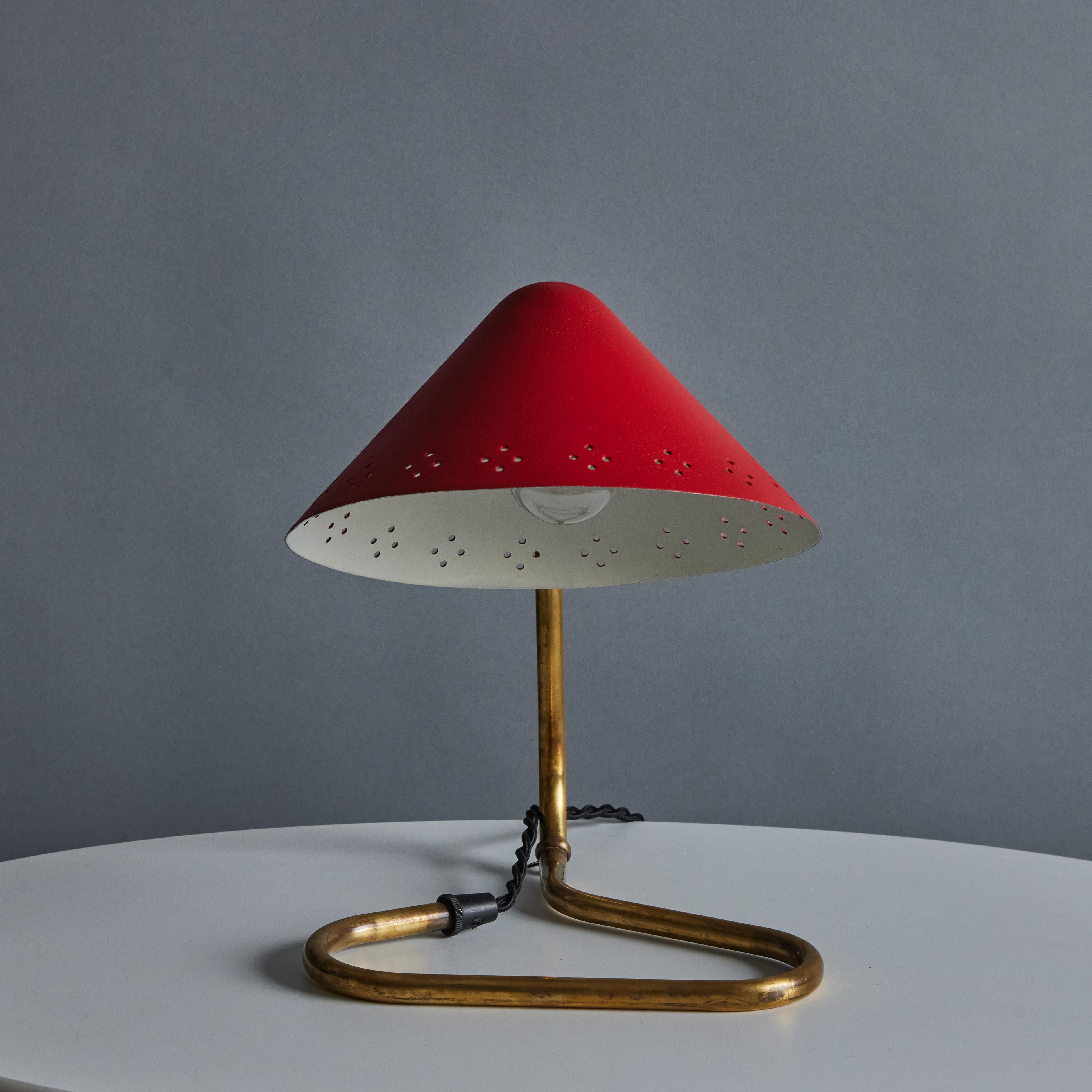 Mid-20th Century Pair of 1950s Erik Warna 'GK14' Red and Brass Perforated Shade Table Lamps
