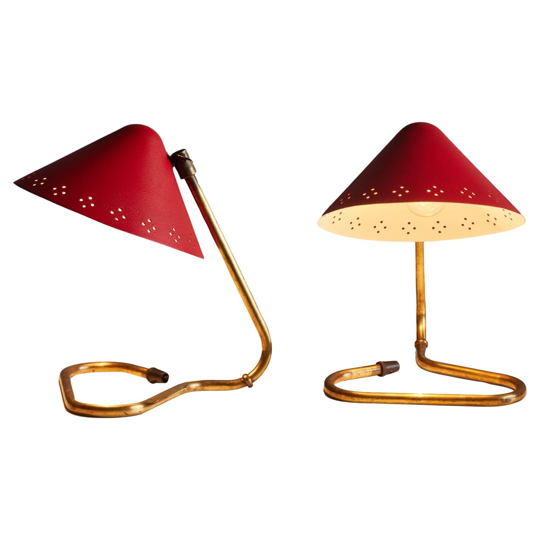 Pair of 1950s Erik Warna 'GK14' Red and Brass Perforated Shade Table Lamps