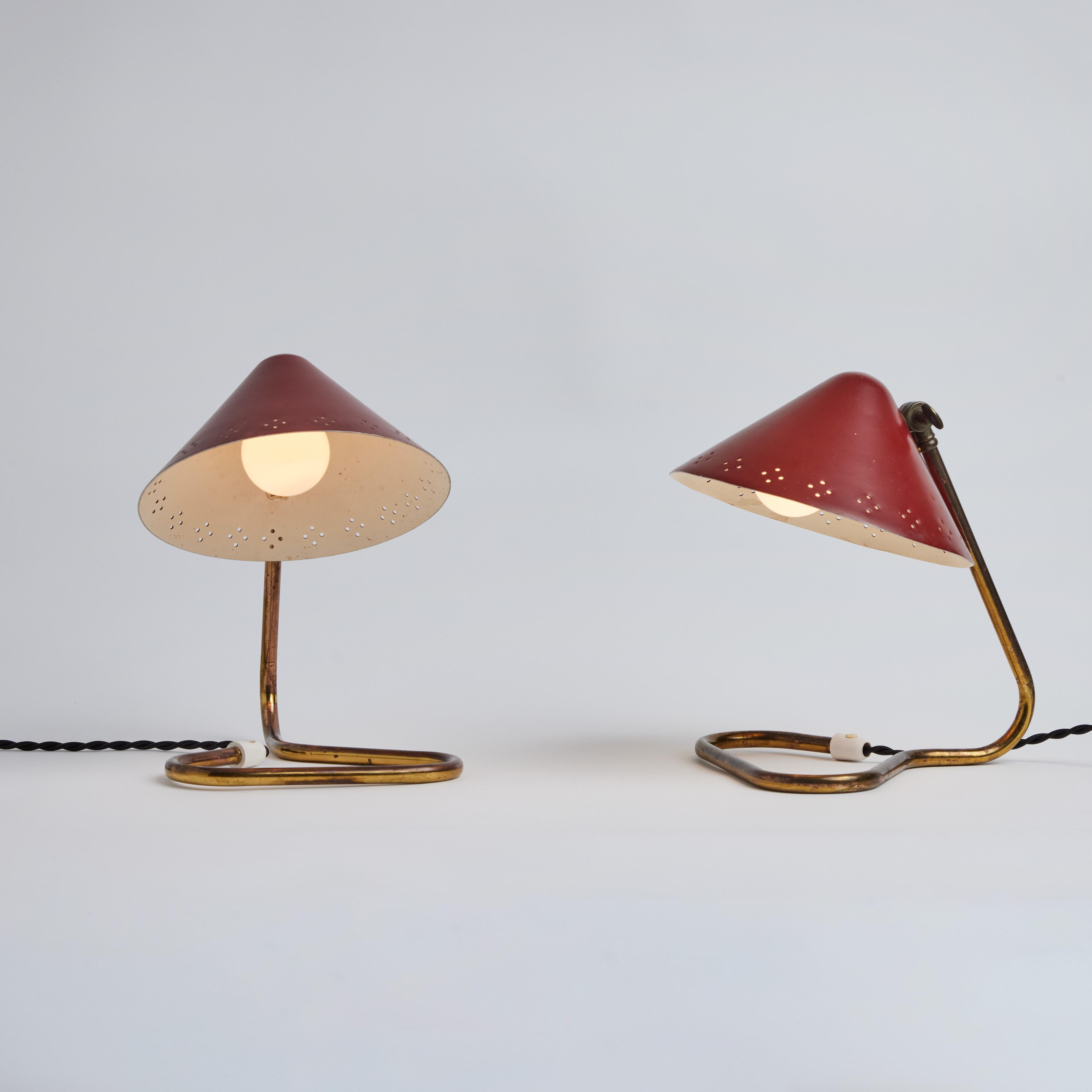 Swedish Pair of 1950s Erik Warna 'GK14' Red Perforated Shade Table Lamps