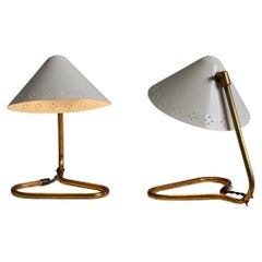 Pair of 1950s Erik Warna 'GK14' White and Brass Perforated Shade Table Lamps