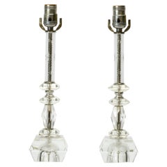 Pair of 1950s Etched Glass Table Lamps with Floral Motif