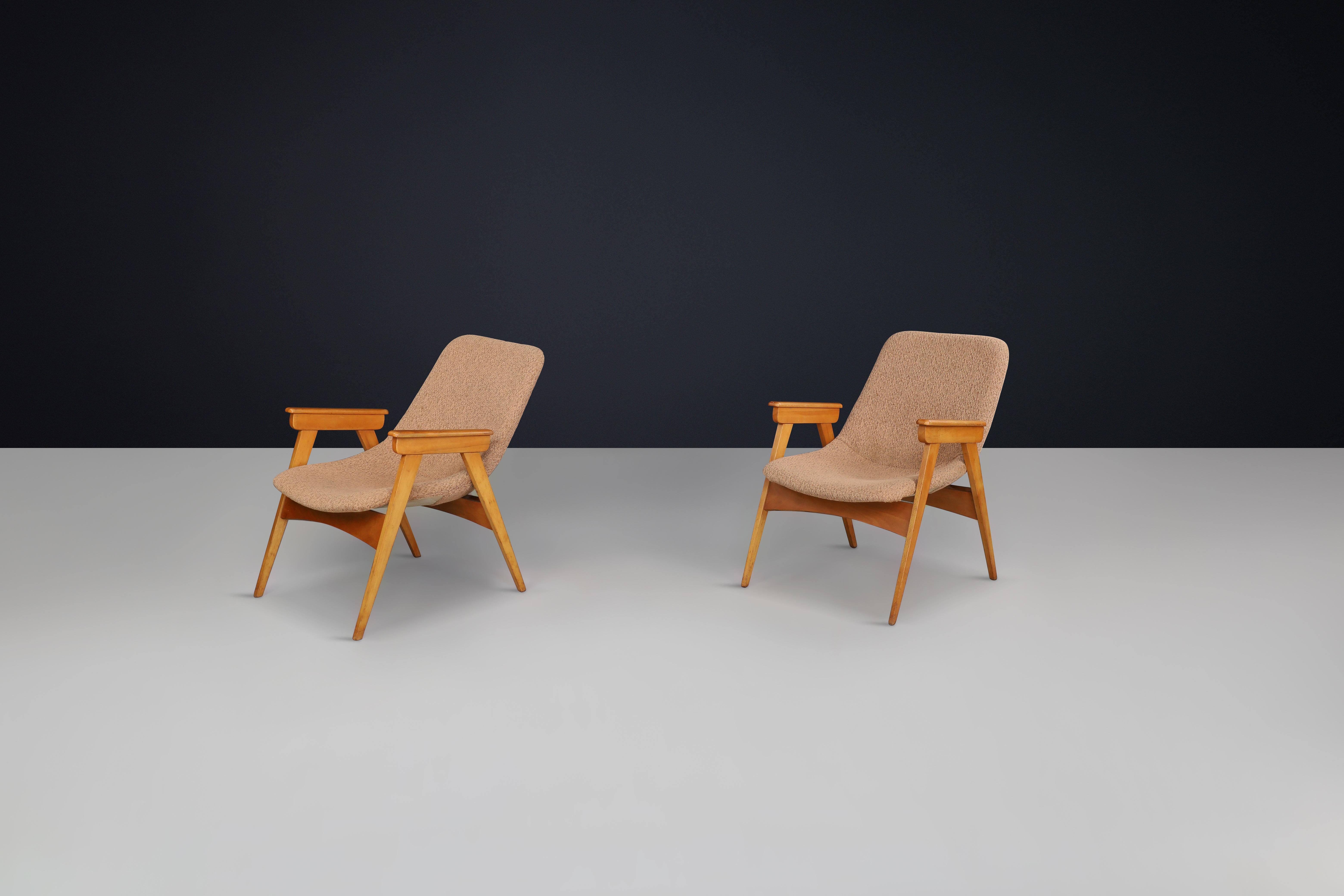 Mid-Century moderno Coppia di sedie da salotto europee in faggio e fibra di vetro degli anni '50 - metà secolo moderno in vendita