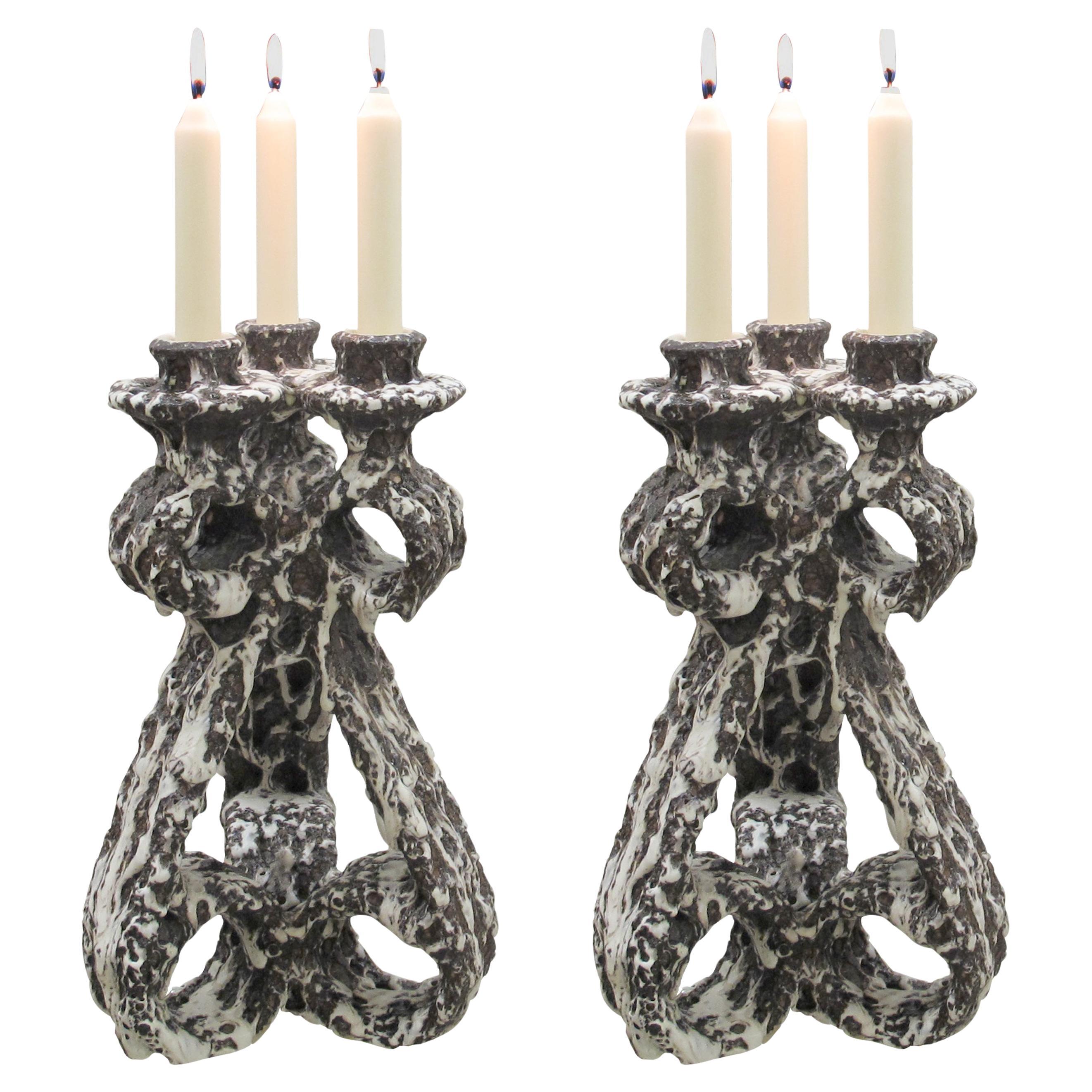 Pair of 1950s Fat Lava Candlesticks by Marius Giuge from Vallauris, French For Sale
