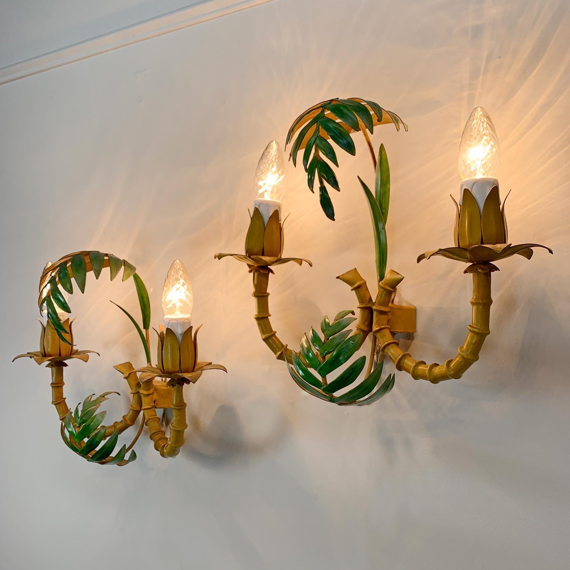 Hand-Crafted Pair of 1950’s Faux Bamboo Leaf Italian Wall Lights