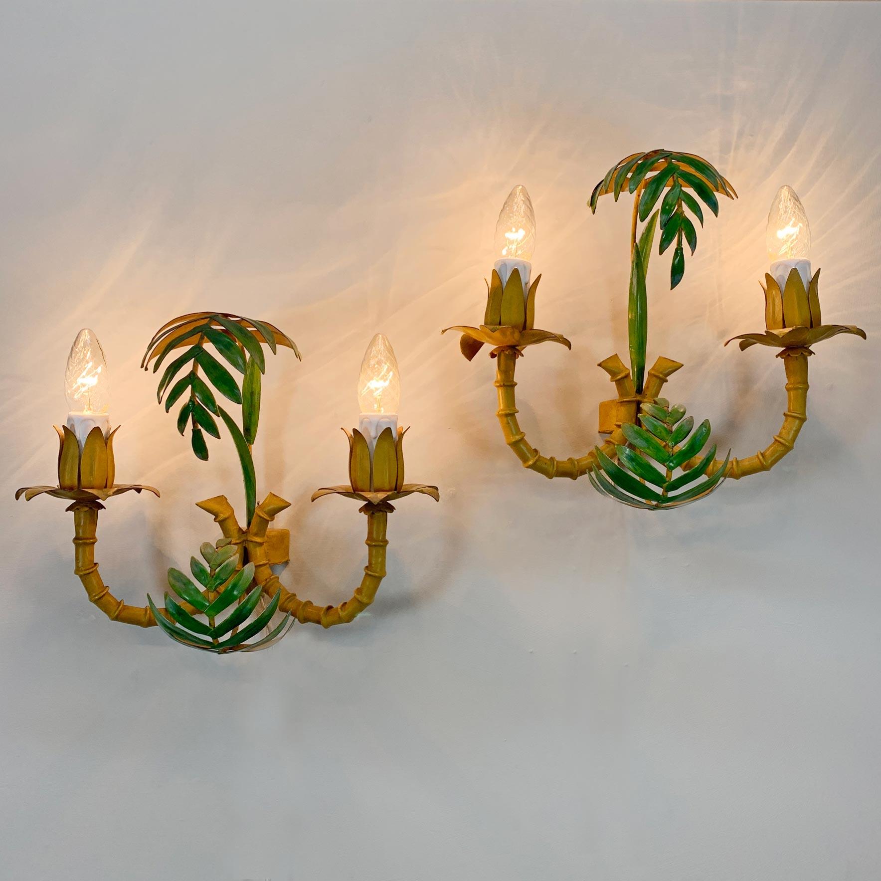 Metal Pair of 1950’s Faux Bamboo Leaf Italian Wall Lights