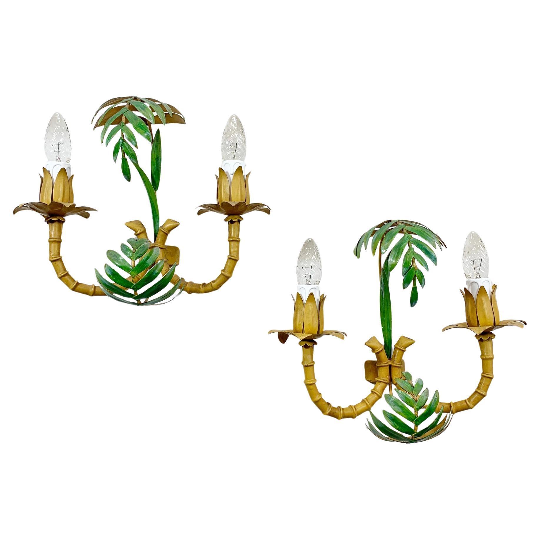 Pair of 1950’s Faux Bamboo Leaf Italian Wall Lights