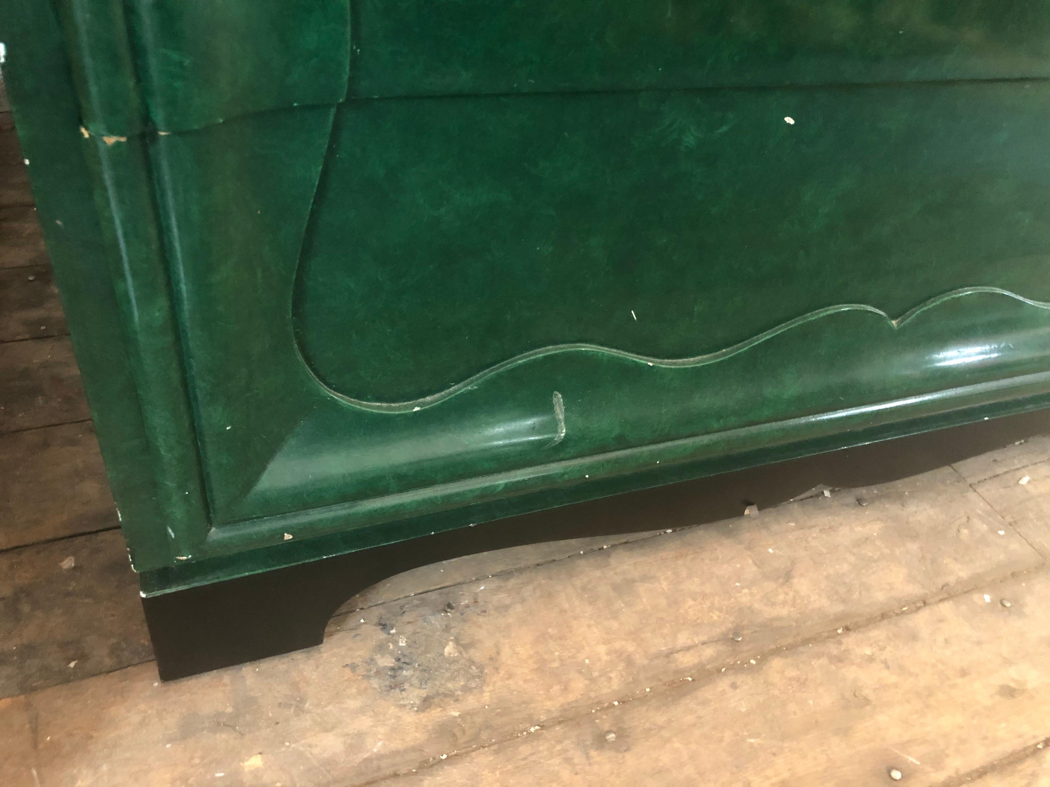 Pair of 1950s Faux Green Malachite Chests in the Style of James Mont 3