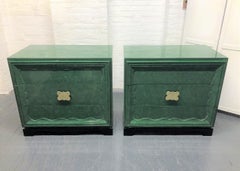 Pair of 1950s Faux Green Malachite Chests in the Style of James Mont