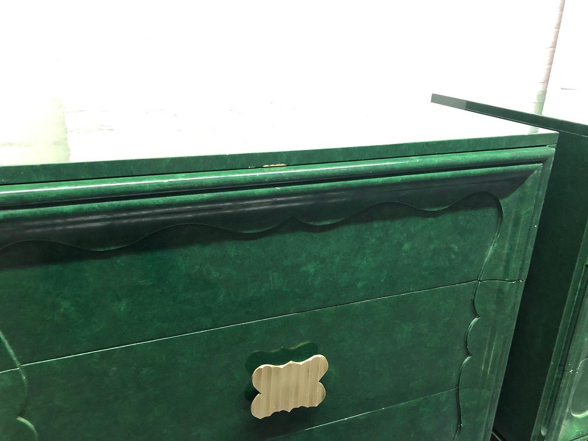 Pair of 1950s Faux Green Malachite Chests in the Style of James Mont 1