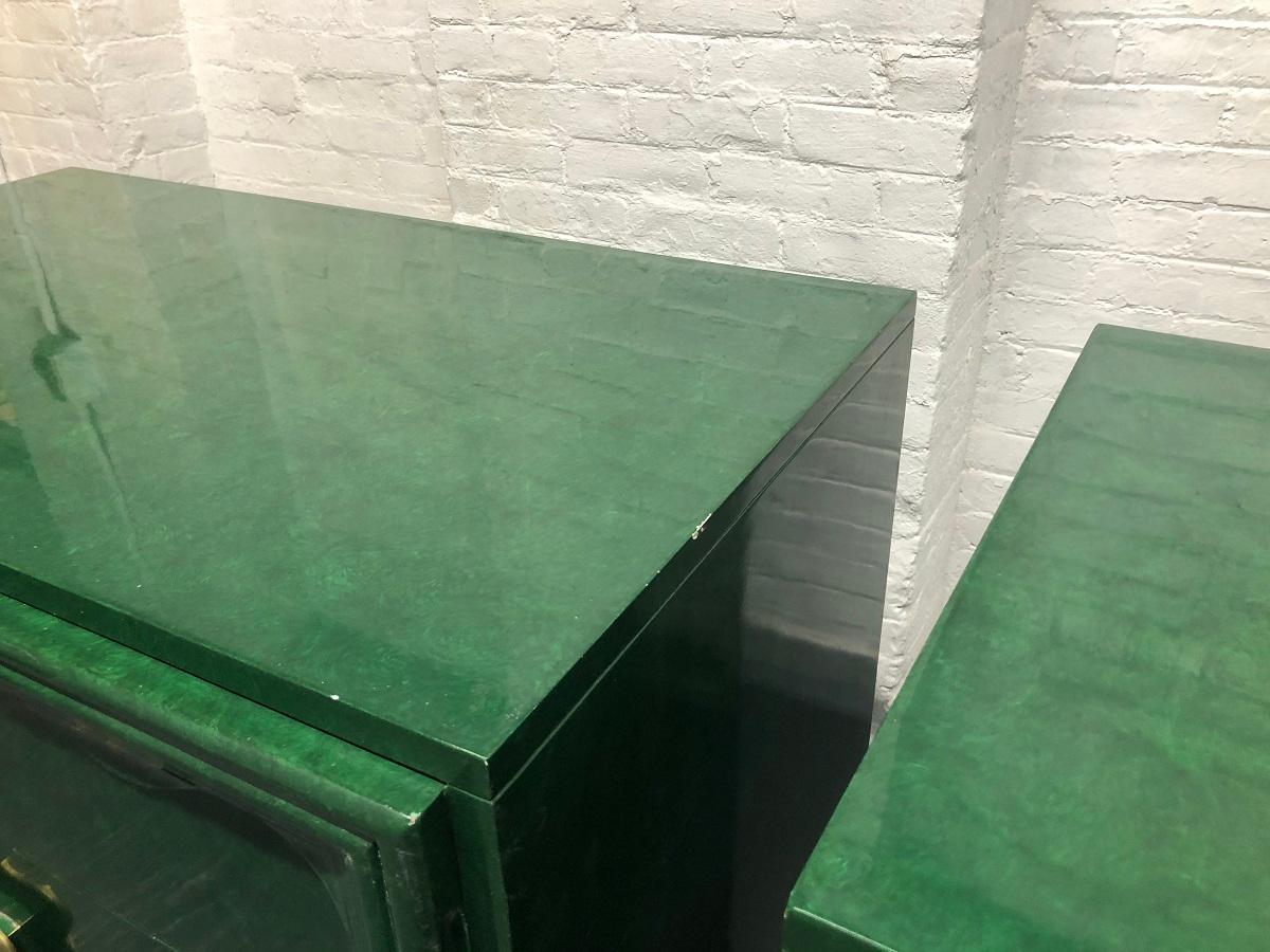 Pair of 1950s Faux Green Malachite Chests in the Style of James Mont 2