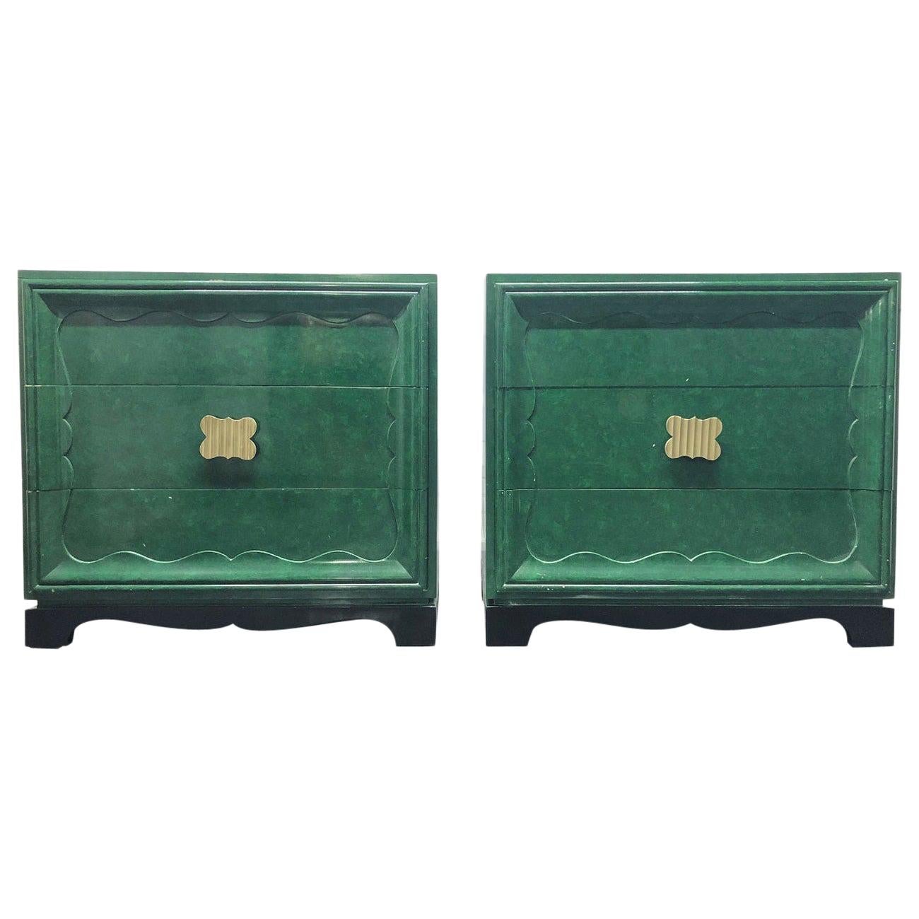 Pair of 1950s Faux Green Malachite Chests in the Style of James Mont