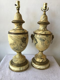 Pair of 1950s Faux Marbleized Wood Lamps with Brass Ram Heads