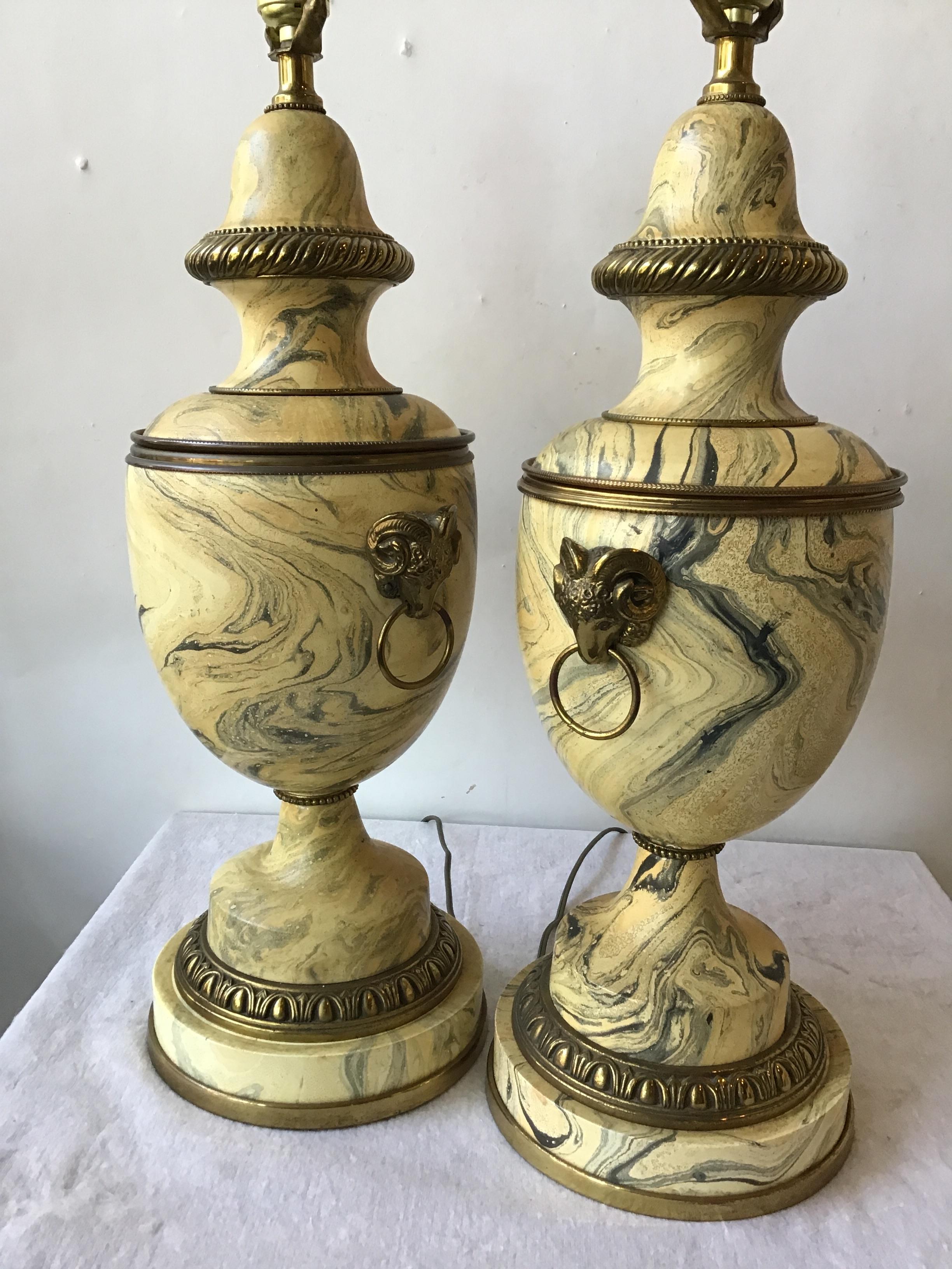 Pair of 1950s Faux Marbleized Wood Lamps with Brass Ram Heads In Good Condition In Tarrytown, NY