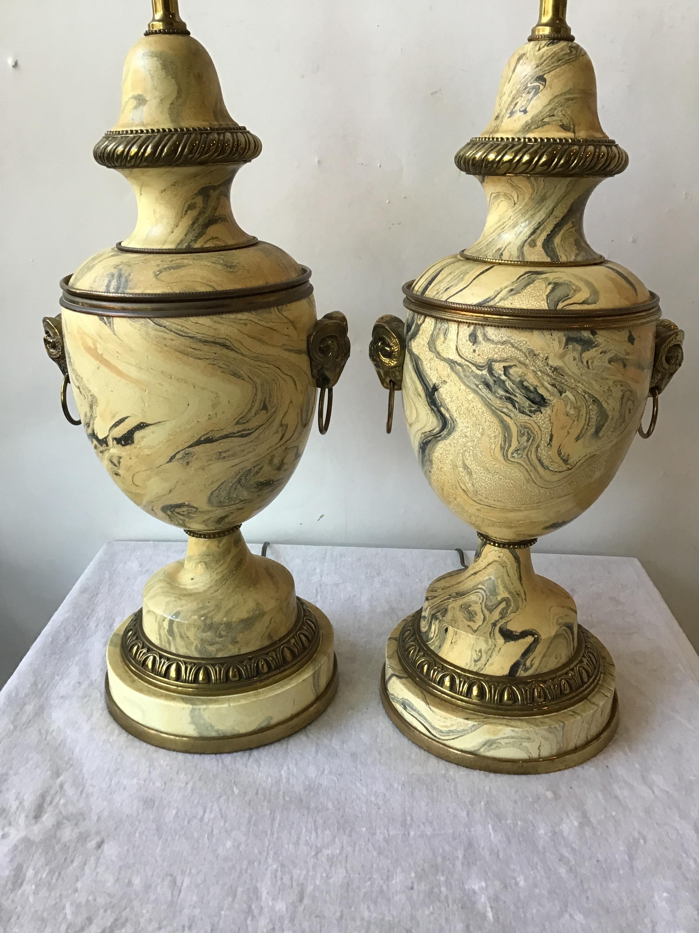 Mid-20th Century Pair of 1950s Faux Marbleized Wood Lamps with Brass Ram Heads