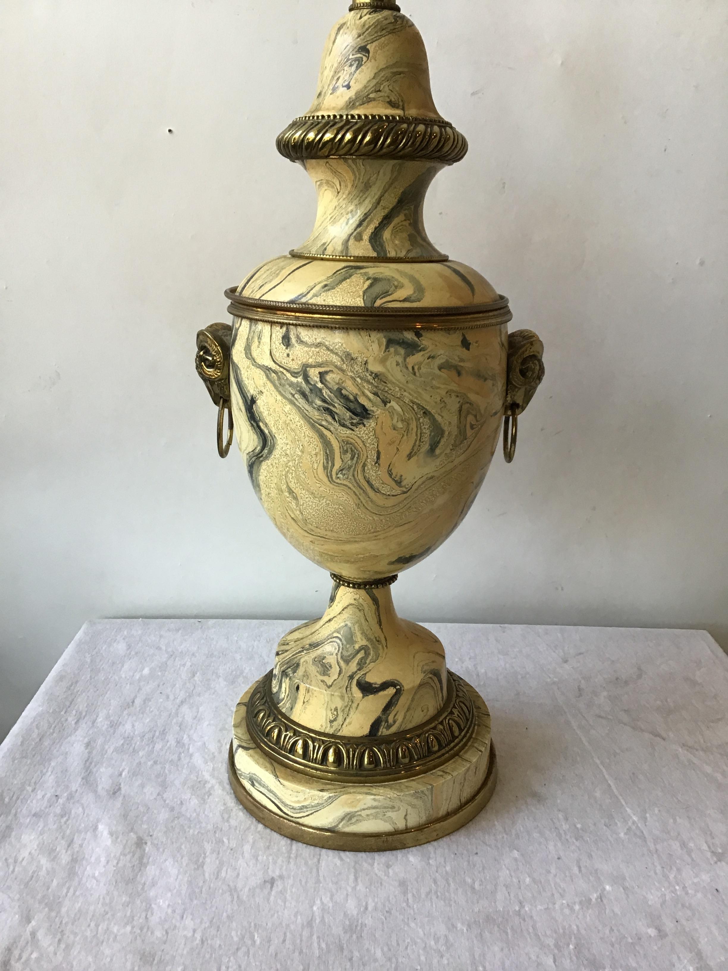 Pair of 1950s Faux Marbleized Wood Lamps with Brass Ram Heads 1