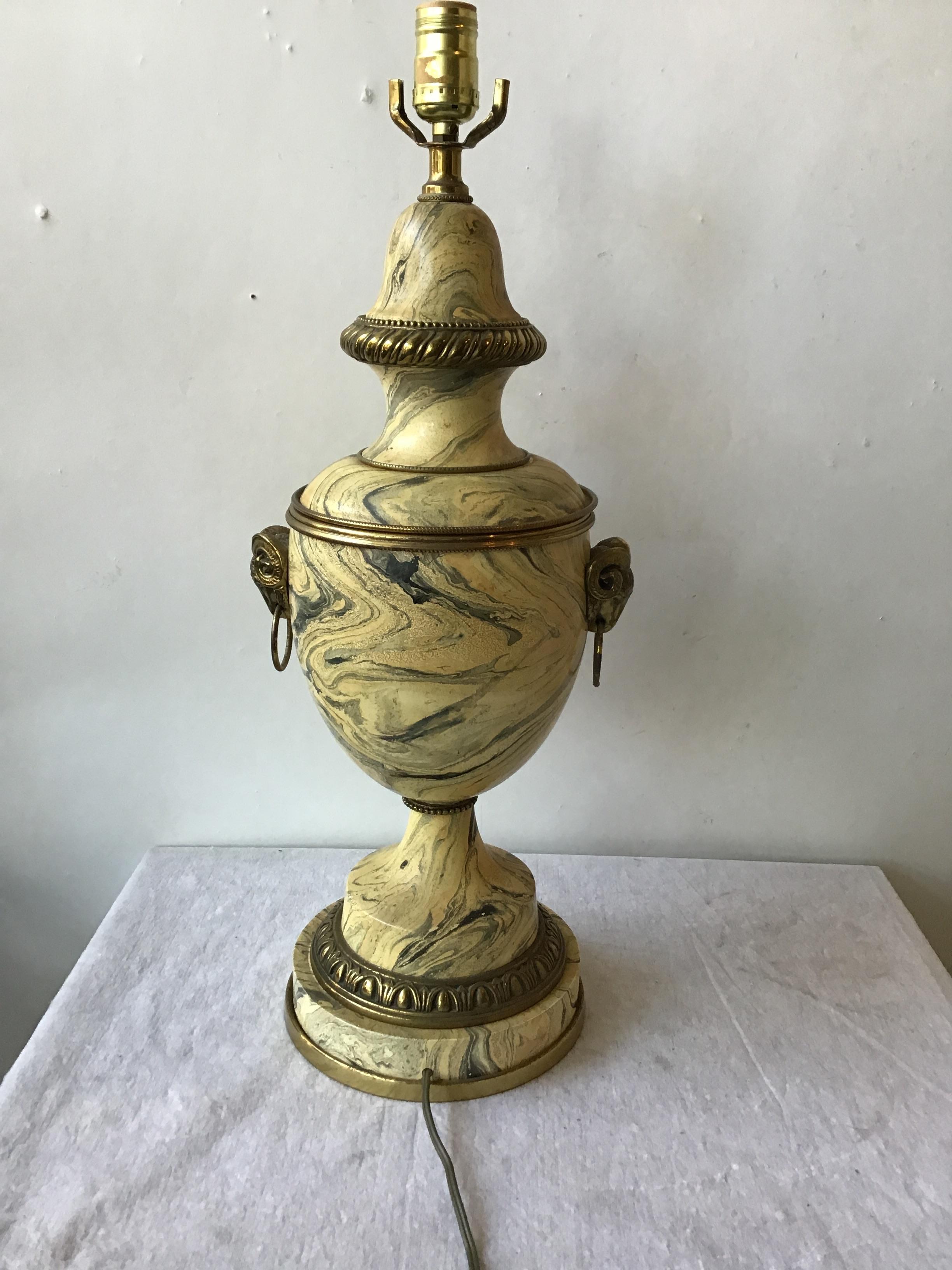 Pair of 1950s Faux Marbleized Wood Lamps with Brass Ram Heads 4