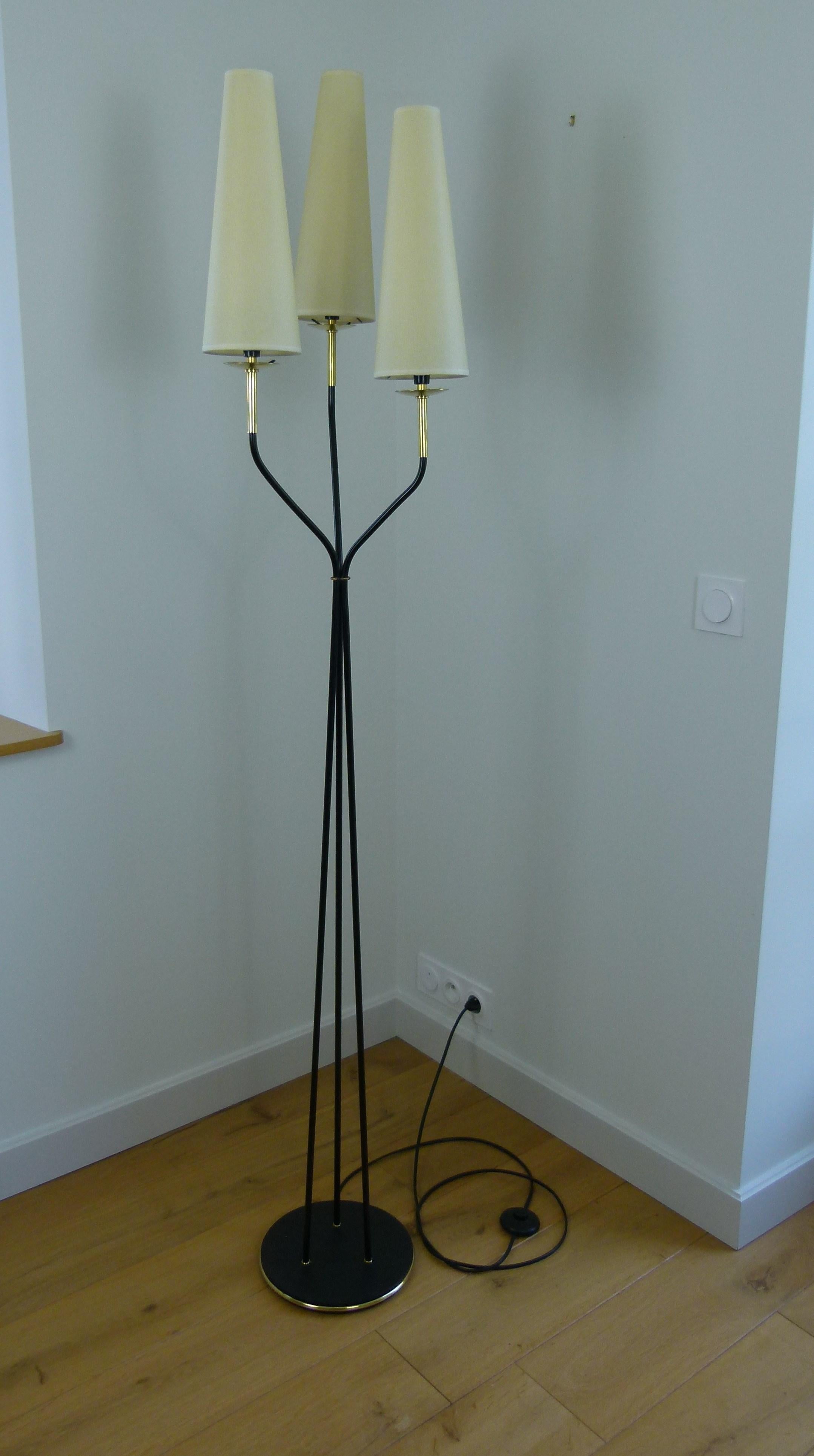 Metal Pair of 1950s Floor Lamp with Three Illuminated Arms by Maison Lunel