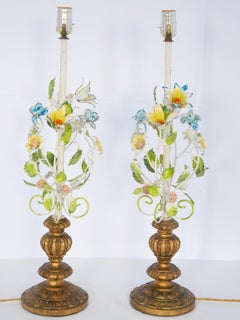 Pair of 1950s Floral Tole Table Lamps on Carved Giltwood Bases