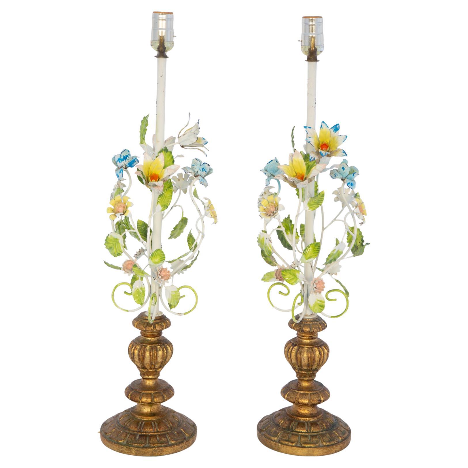 Pair of 1950s Floral Tole Table Lamps on Carved Giltwood Bases
