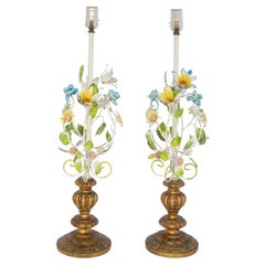 Vintage Pair of 1950s Floral Tole Table Lamps on Carved Giltwood Bases