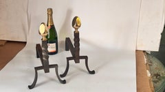 Pair of 1950s French Andirons – Black Cast Iron with Brass Finials